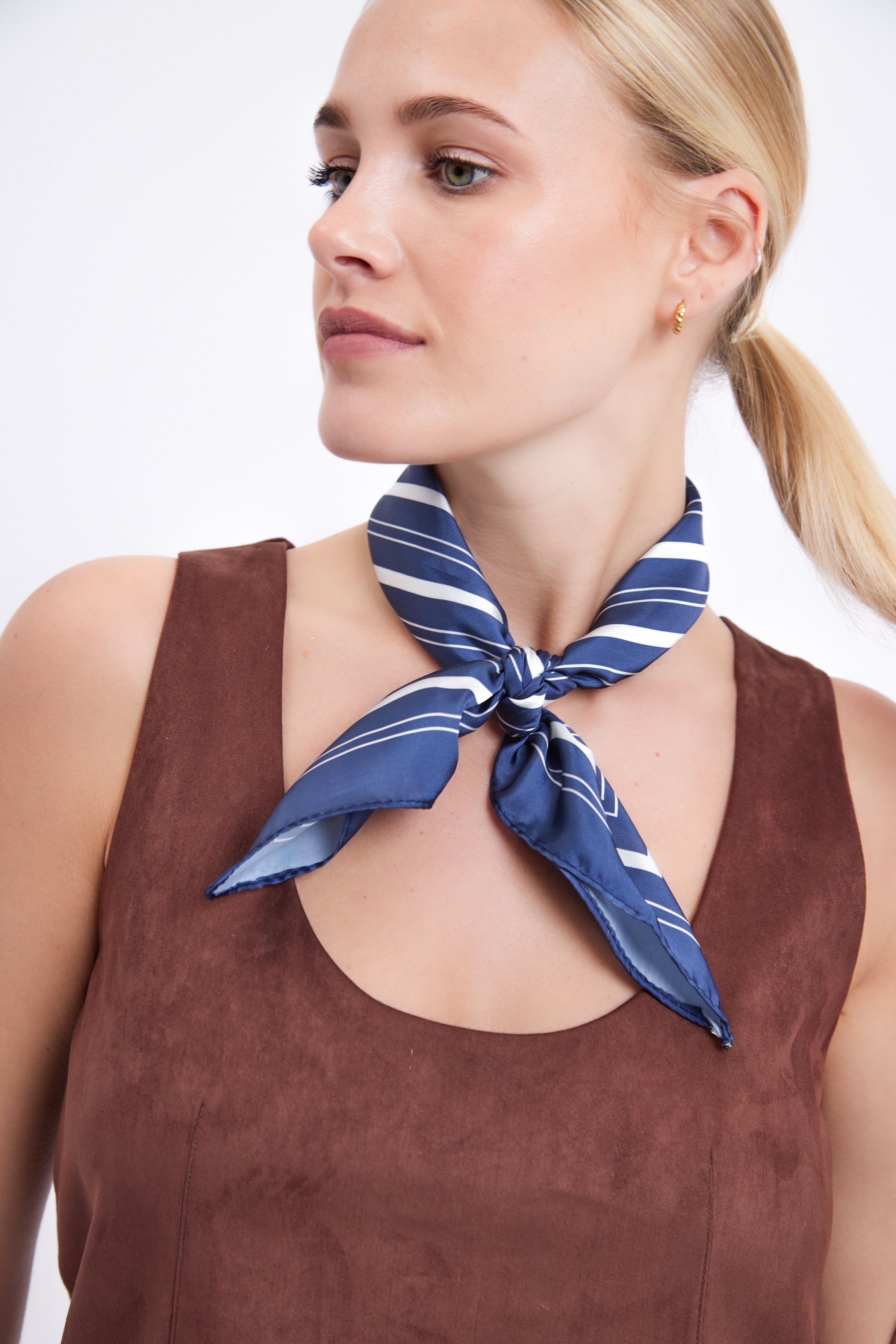 Women’s satin square stripe neck scarf in Navy White