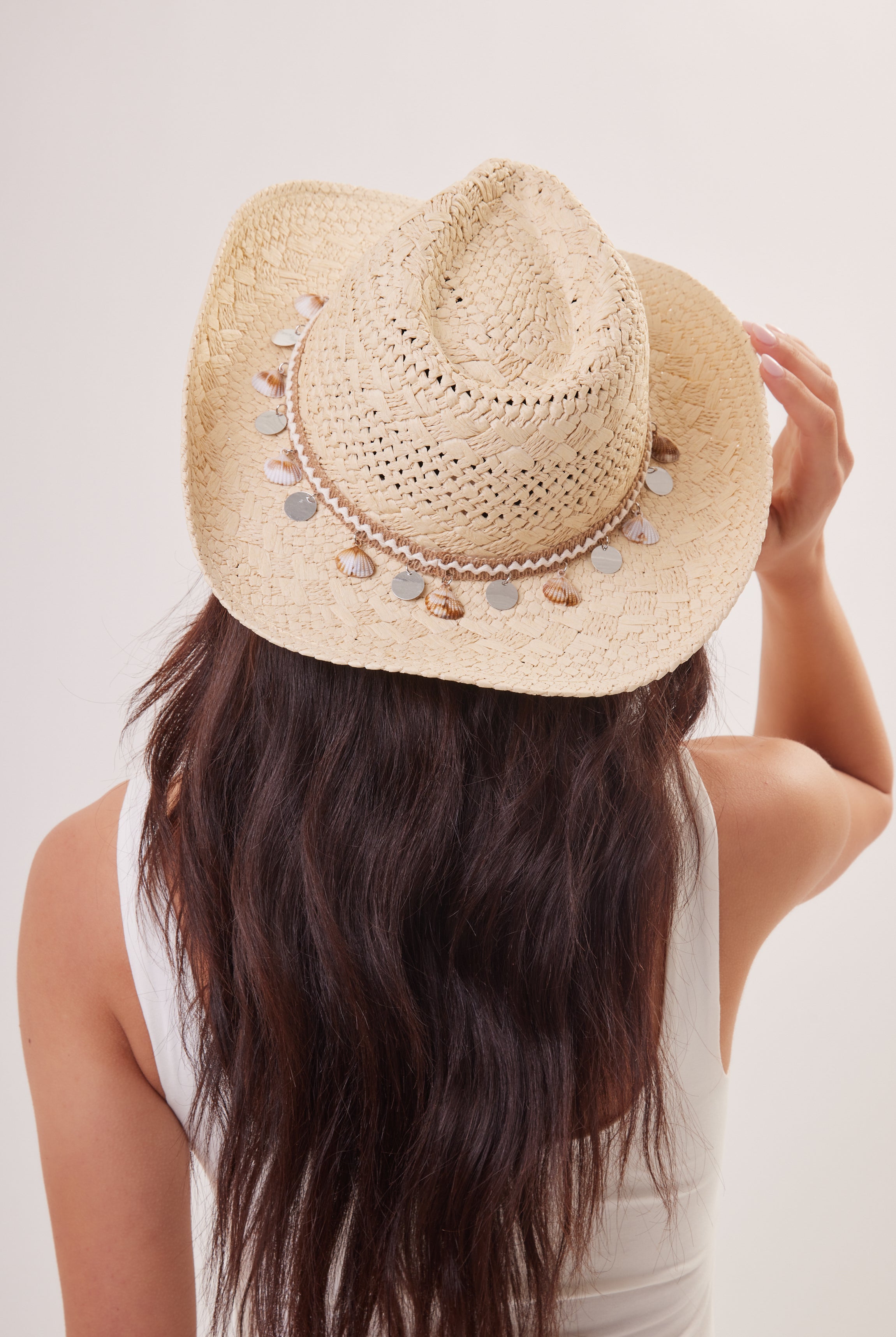 Woman's Straw Cowboy Hat in Beige with Shell Trim