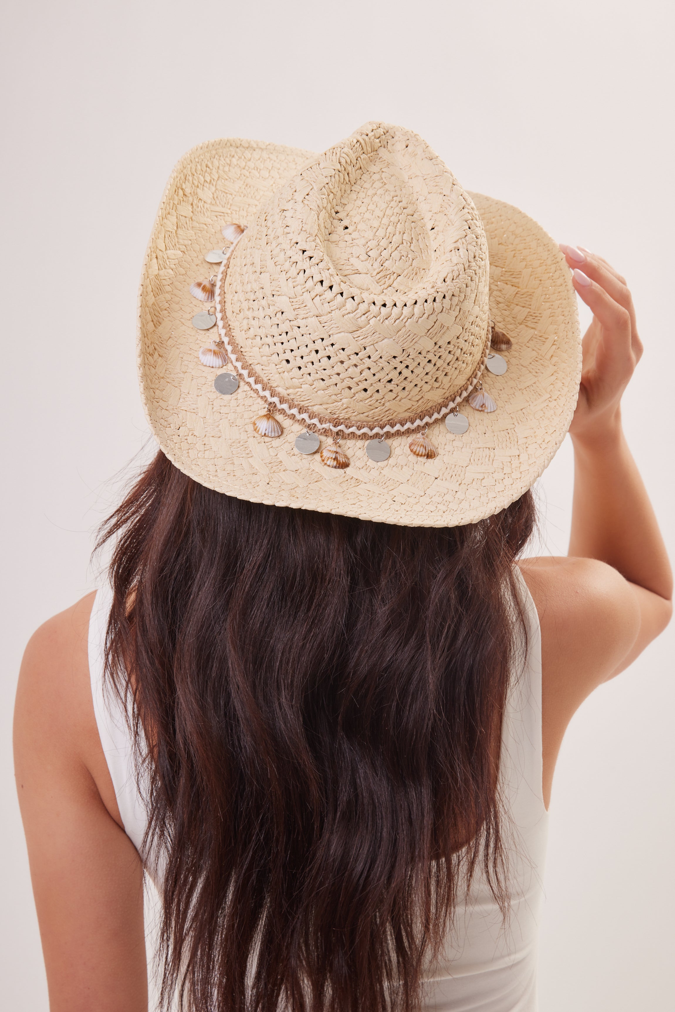 Woman's Straw Cowboy Hat in Beige with Shell Trim