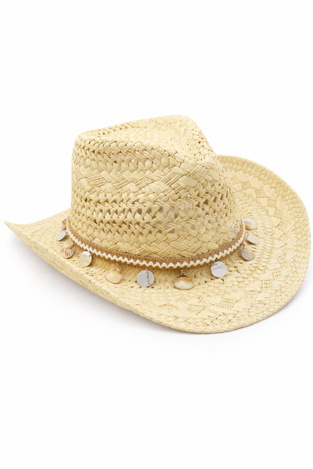 Woman's Straw Cowboy Hat in Beige with Shell Trim