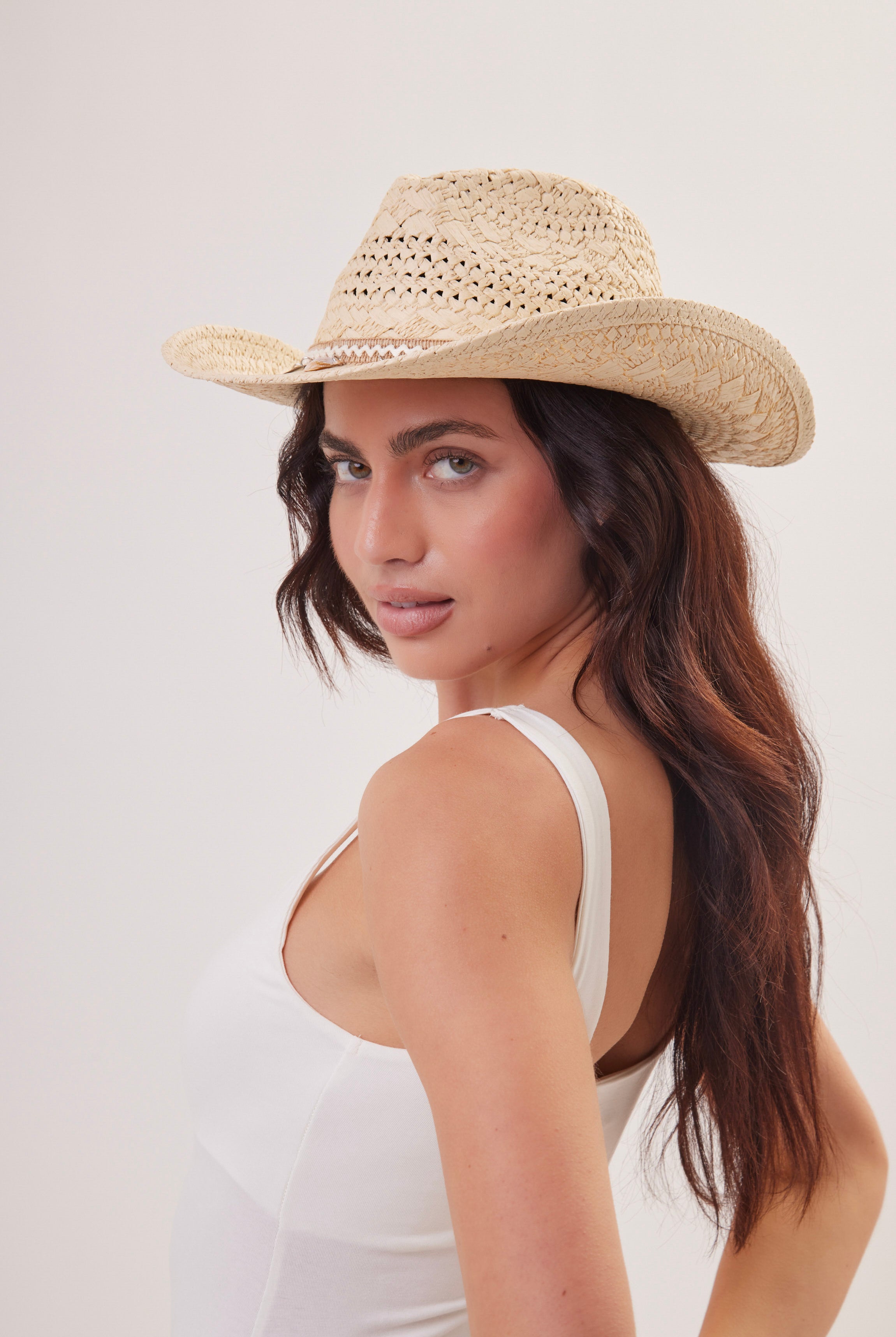 Woman's Straw Cowboy Hat in Beige with Shell Trim