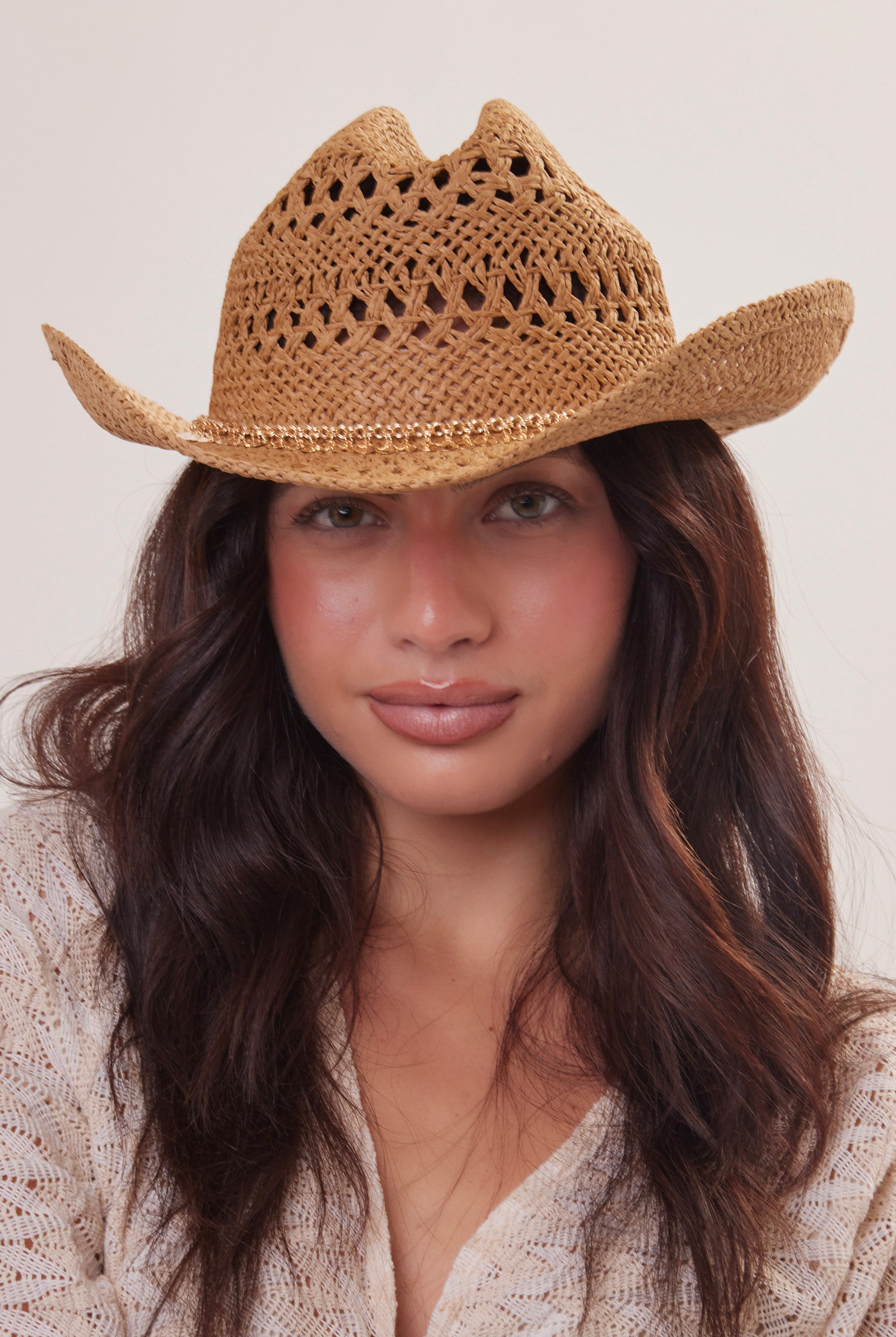 Woman's Straw Cowboy Hat in Brown with Gold Coin Trim
