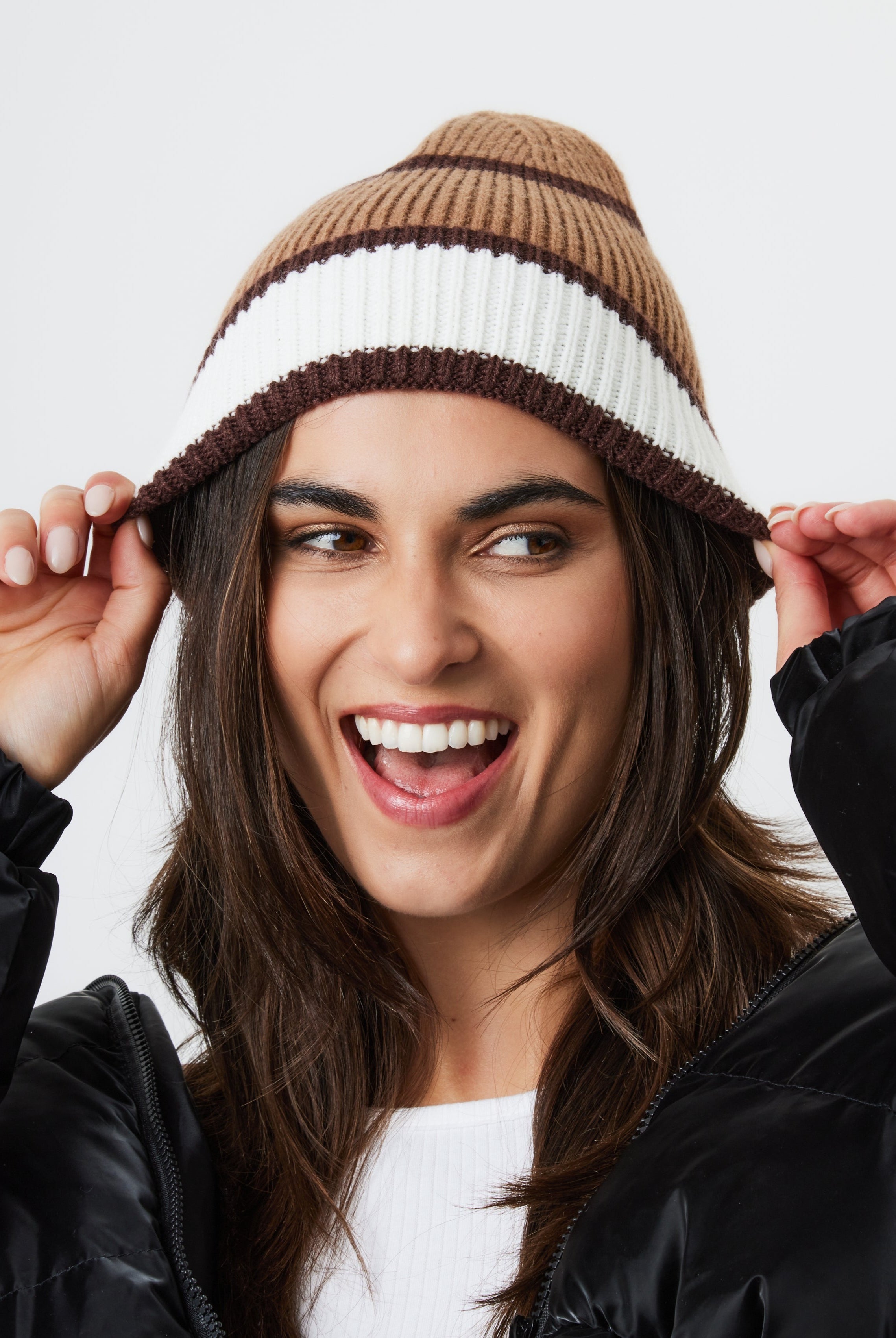 Woman's Stripe Beanie in Brown