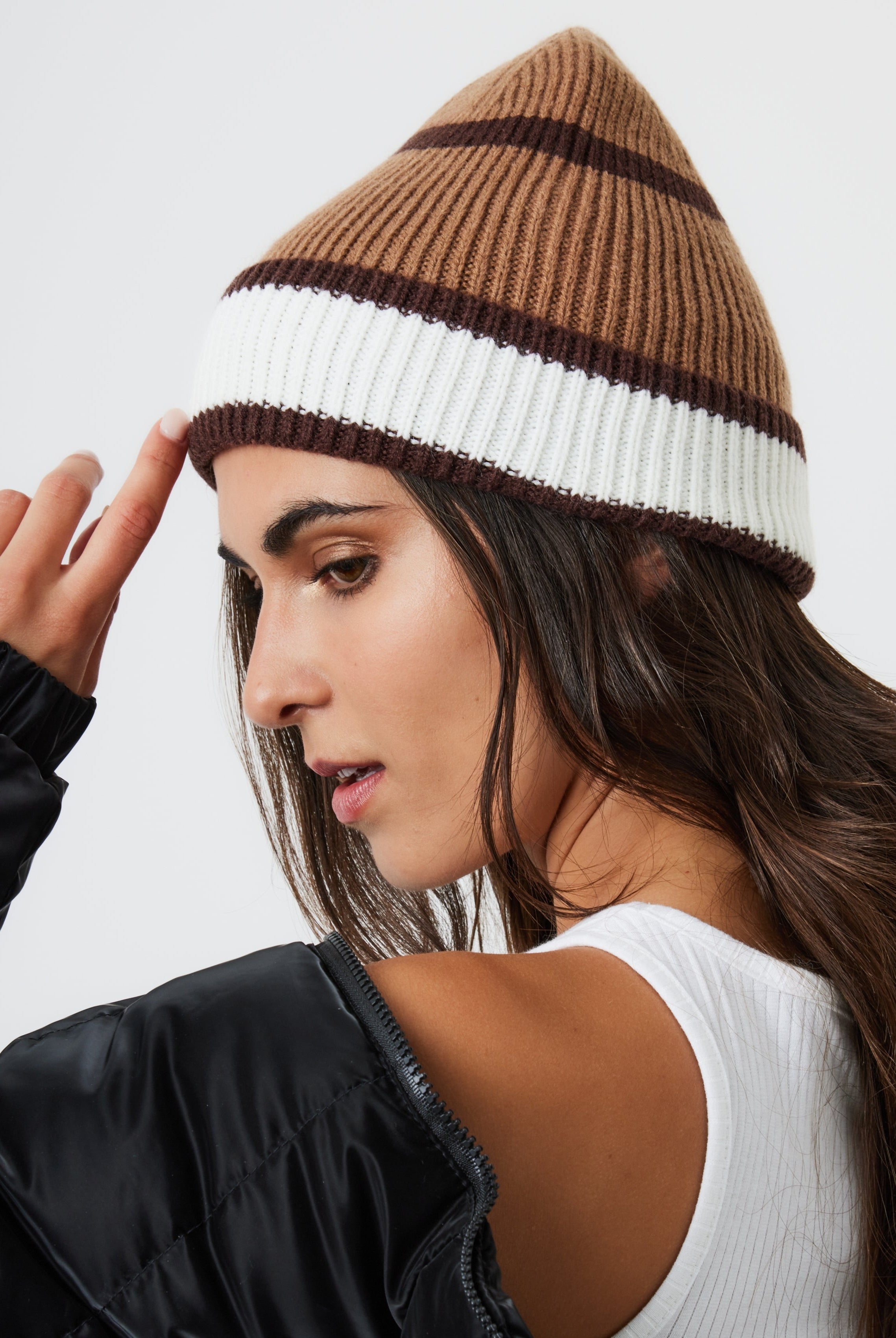 Woman's Stripe Beanie in Brown
