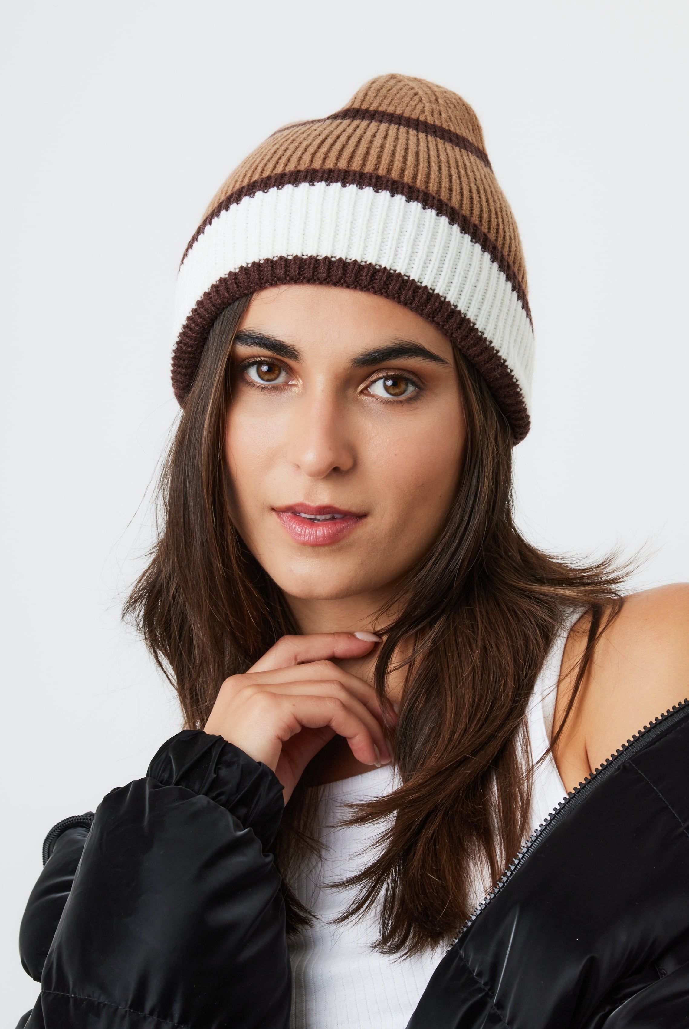 Woman's Stripe Beanie in Brown