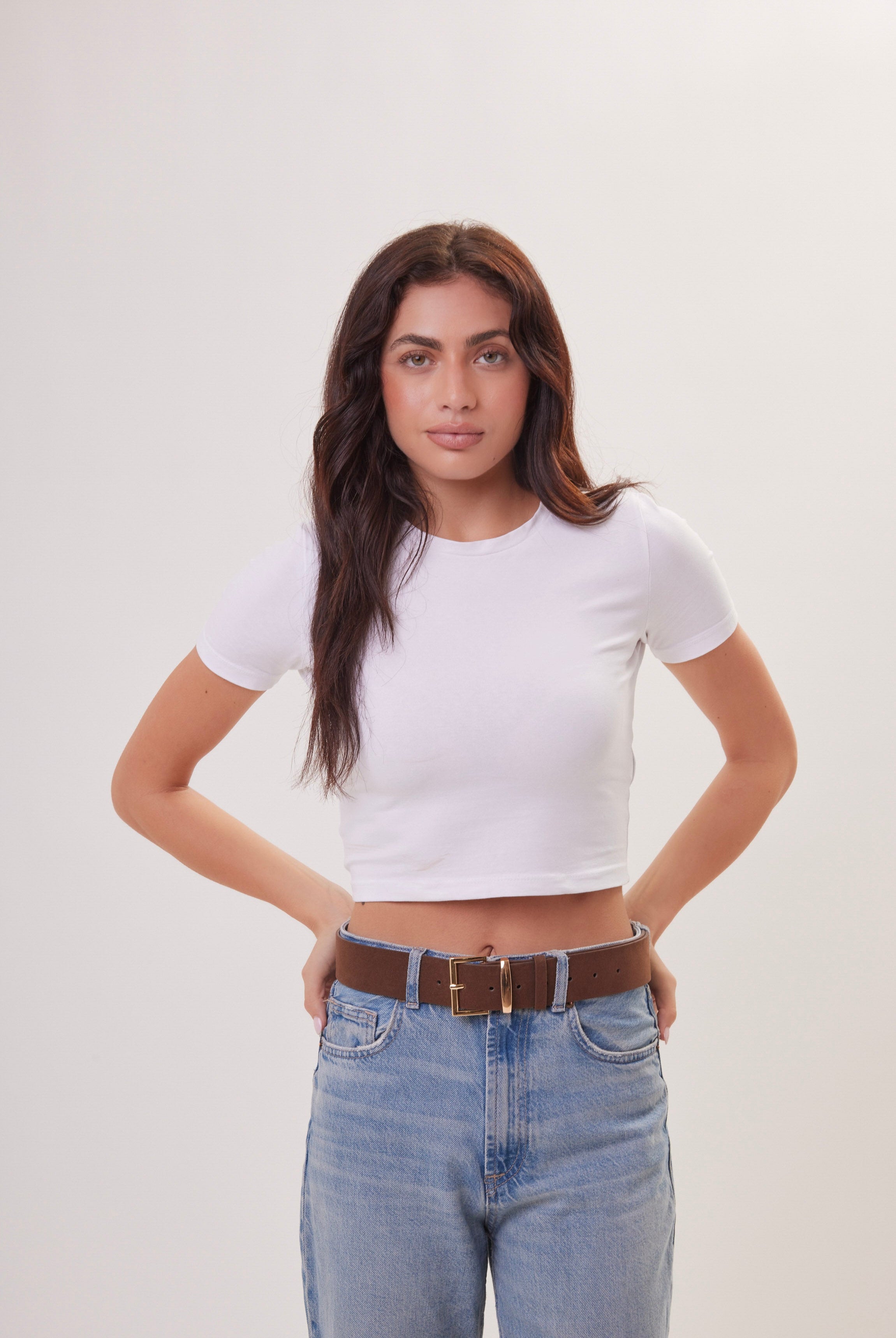 Women's Suede Belt with Rectangle Buckle in Brown and Gold