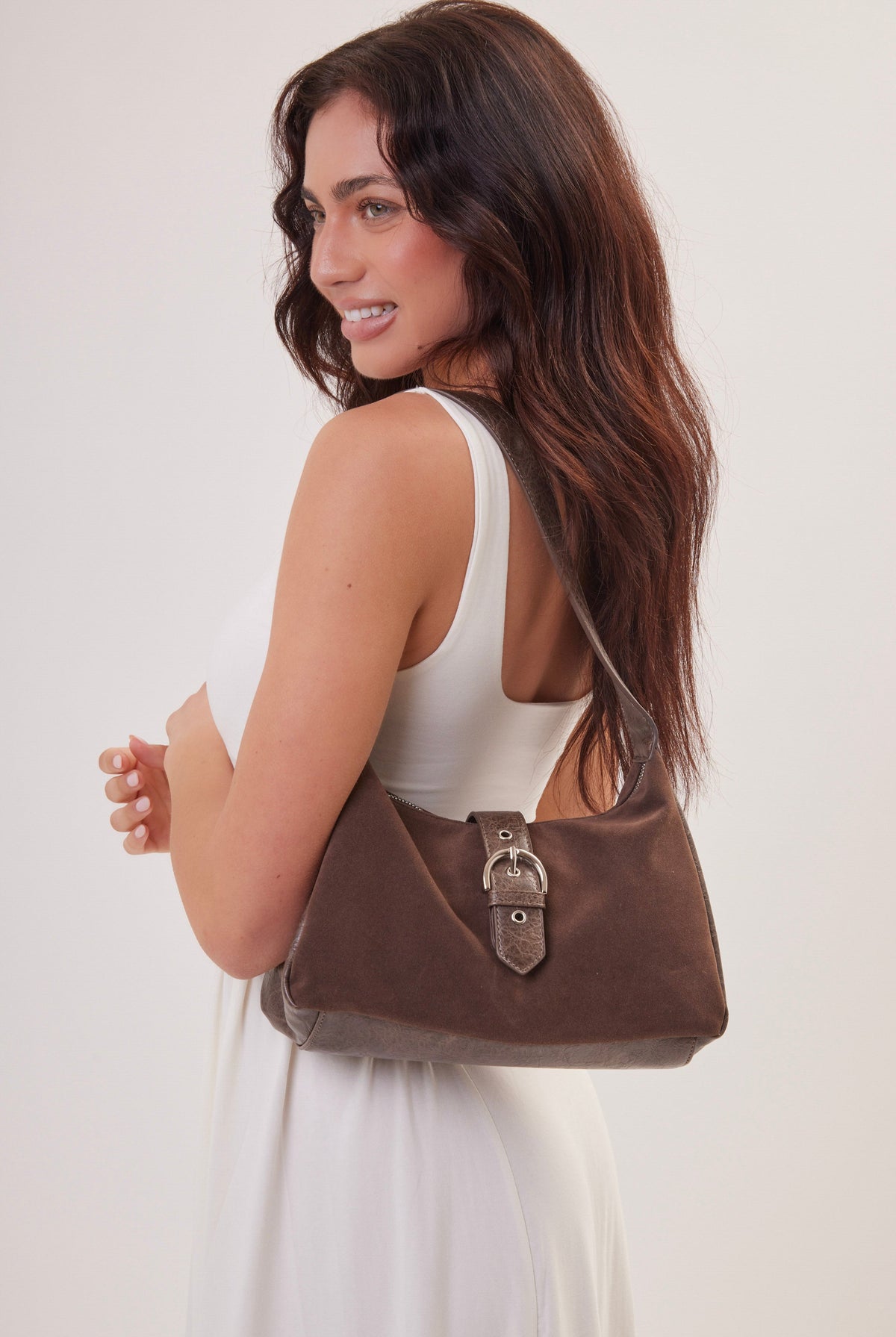 Women's Suede & leather look Buckle Shoulder Bag in Brown