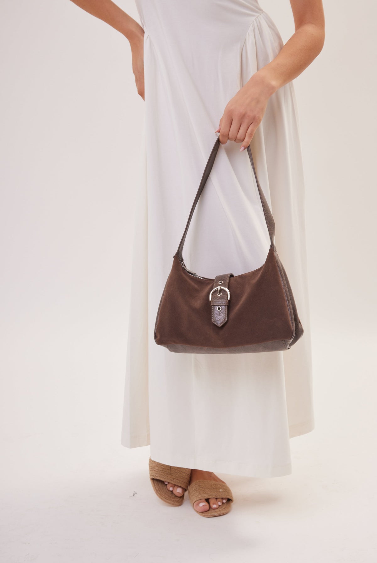 Women's Suede & leather look Buckle Shoulder Bag in Brown