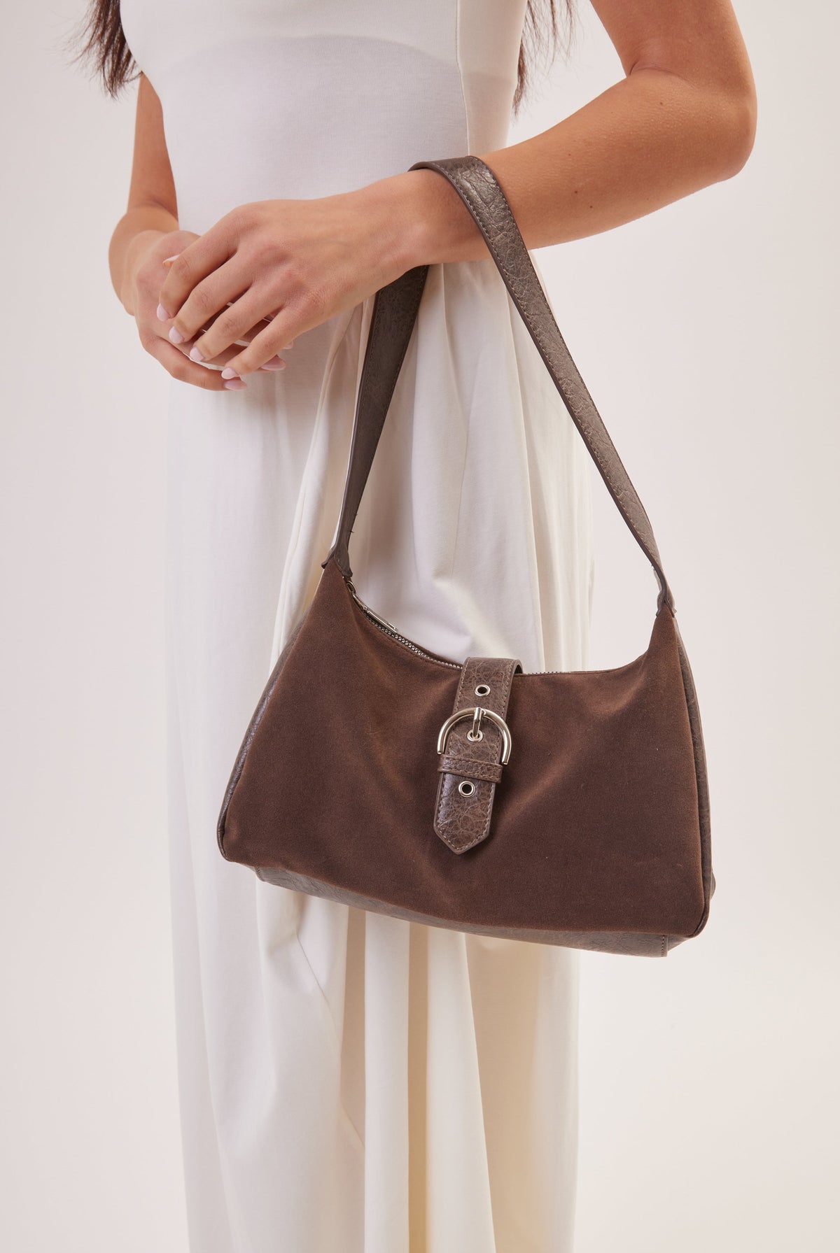 Women's Suede & leather look Buckle Shoulder Bag in Brown