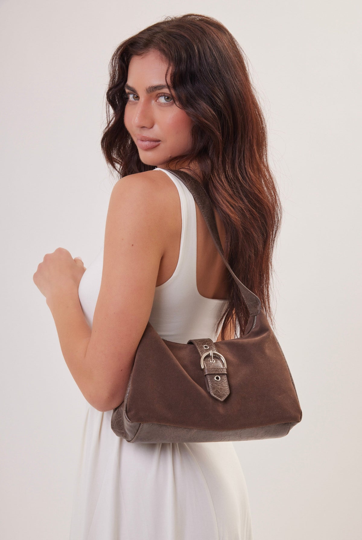 Women's Suede & leather look Buckle Shoulder Bag in Brown
