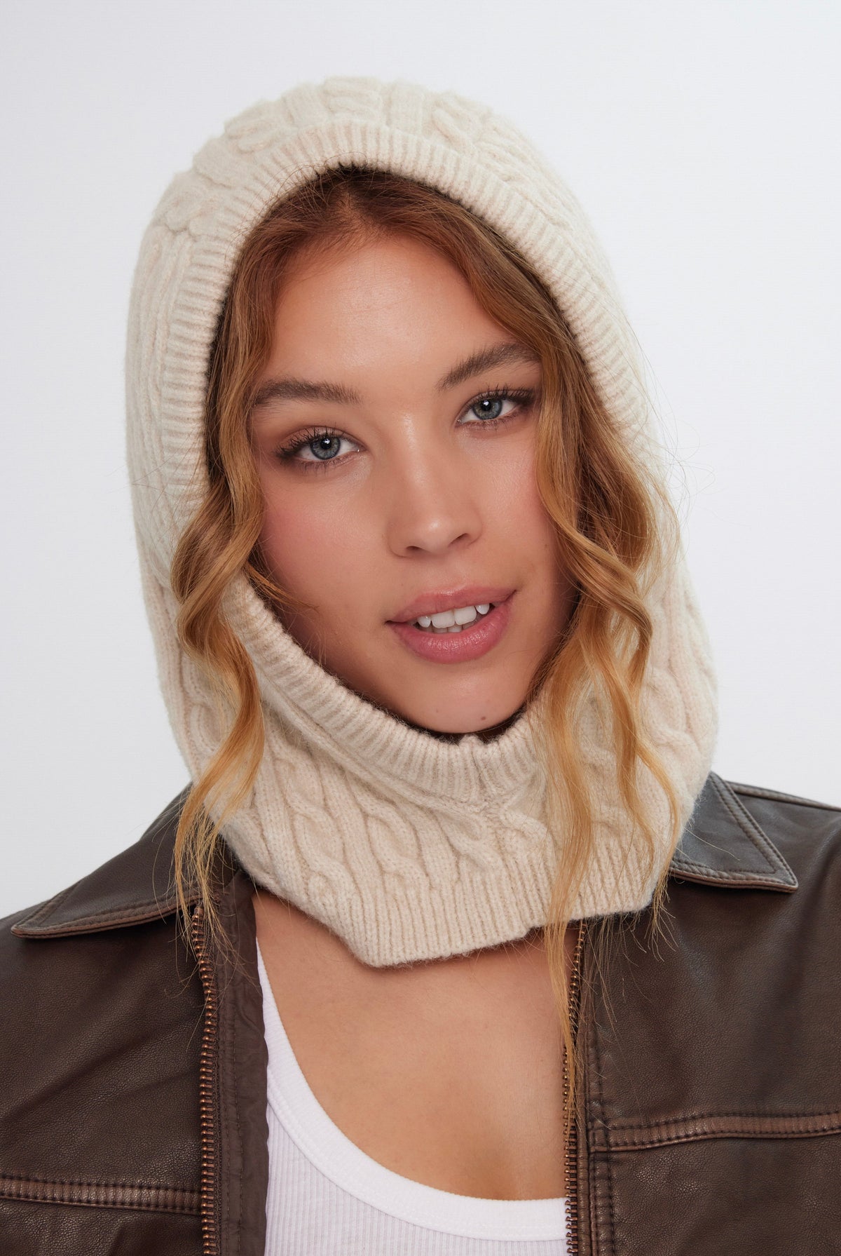 Cable Knitted Hood Balaclava in Cream - Balaclavas - My Accessories London