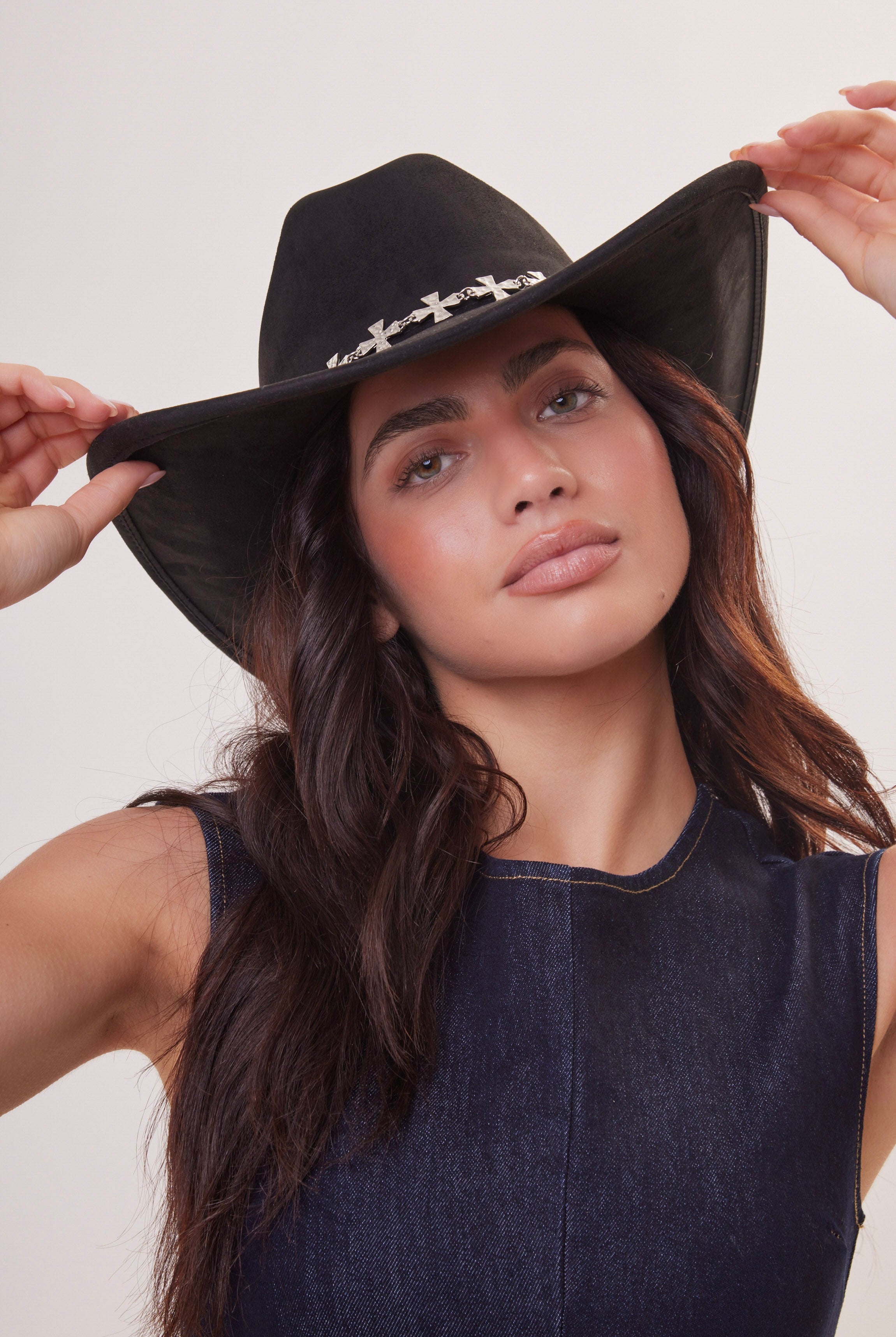 Cowboy Hat with Silver Crosses Trim in Black - Cowboy Hat - My Accessories London