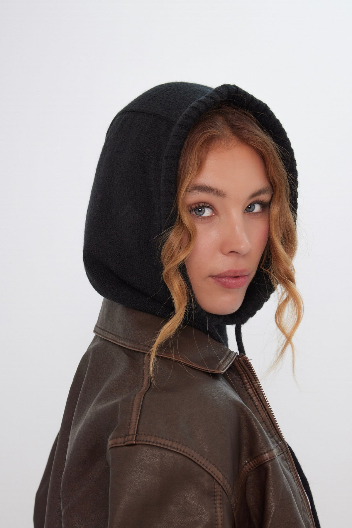 Drawstring Knitted Hood Balaclava in Black - Balaclavas - My Accessories London