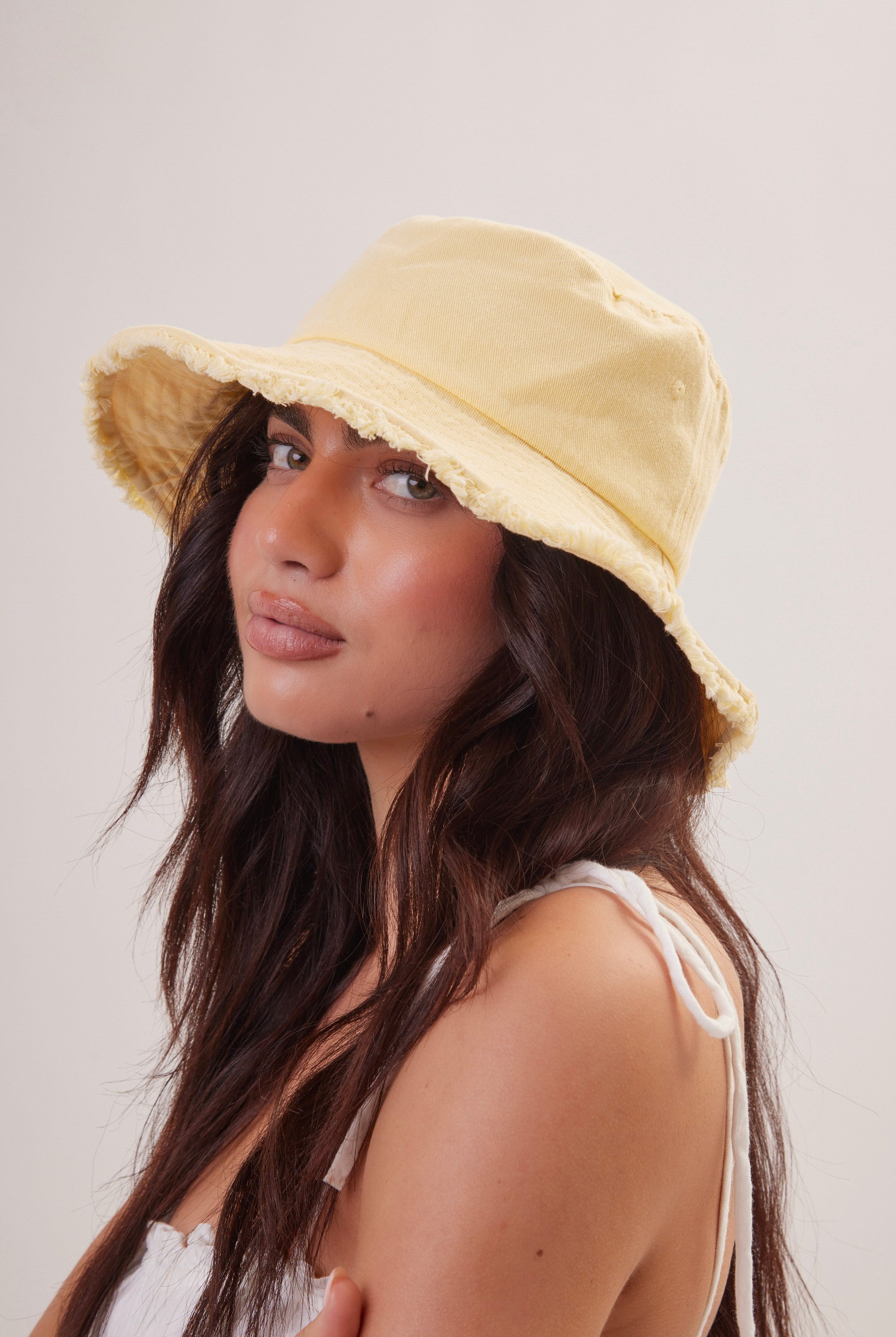 Frayed Edge Denim Bucket Hat in Yellow - Bucket Hat - My Accessories London