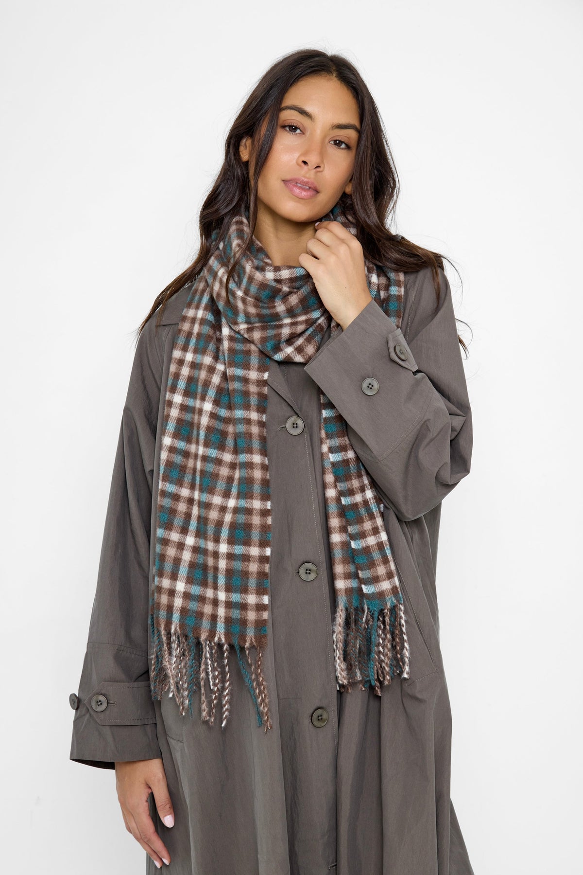 Heritage Check Woven Scarf in Brown and Teal - Scarves - My Accessories London