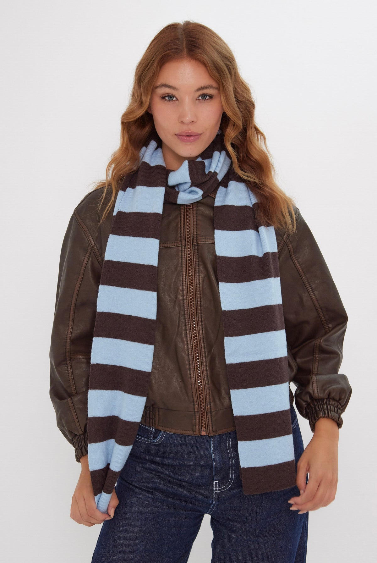 Knitted Stripe Scarf in Blue and Brown - Scarves - My Accessories London