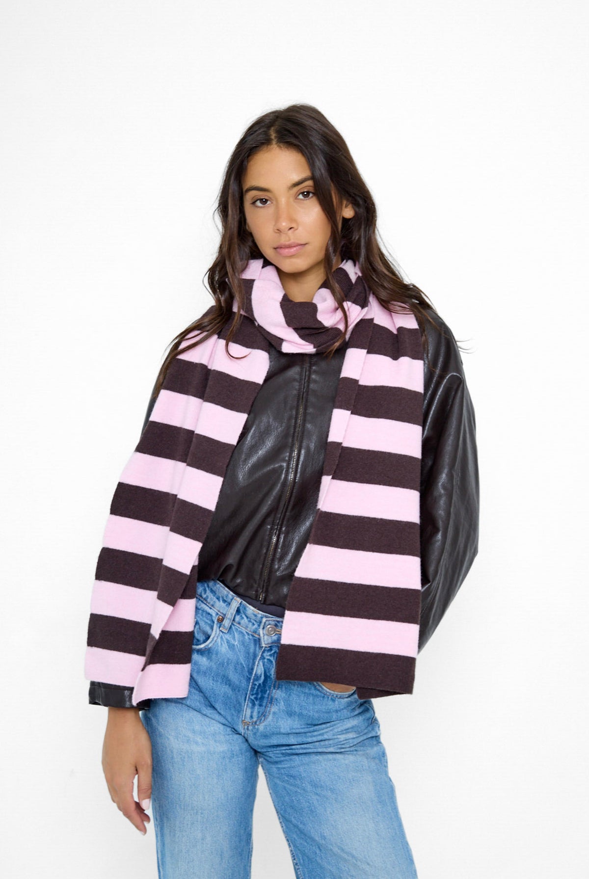 Knitted Stripe Scarf in Pink and Brown - Scarves - My Accessories London