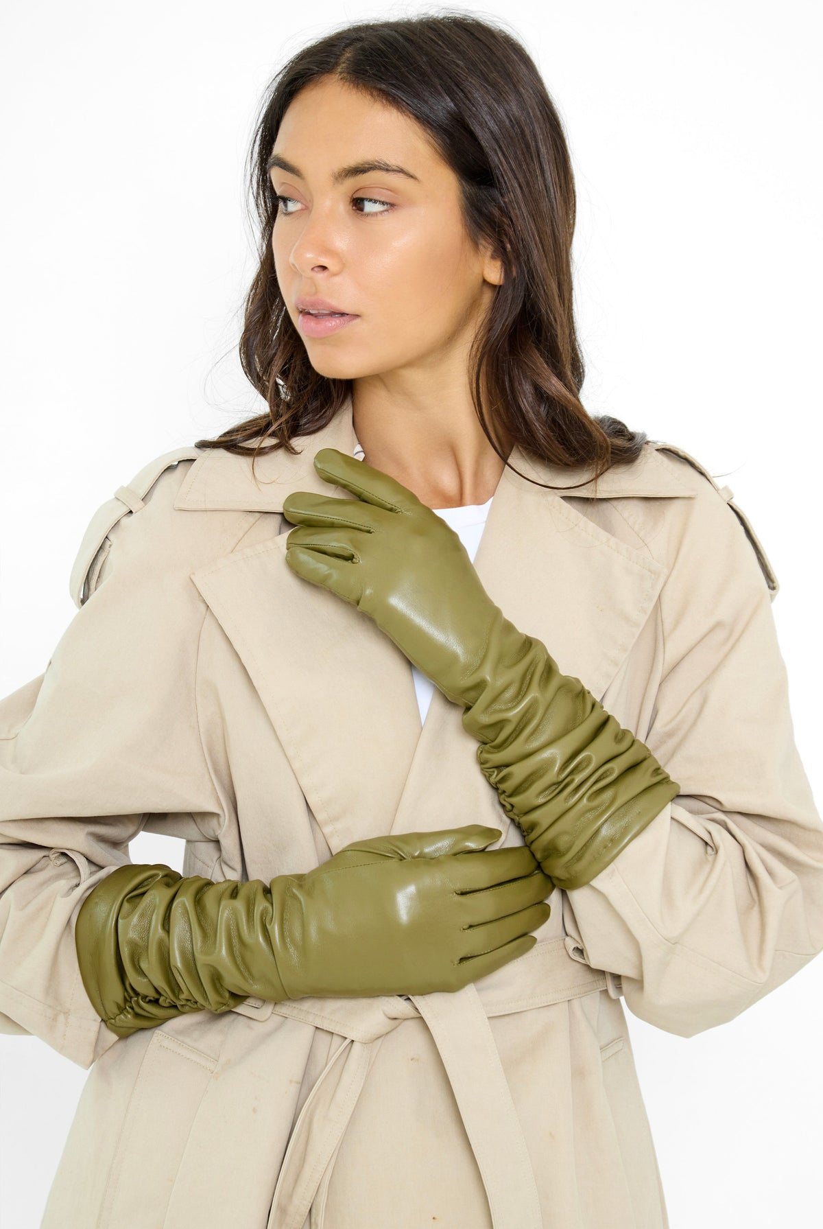 Long Ruched Leather Look Gloves in Olive Green - Gloves - My Accessories London