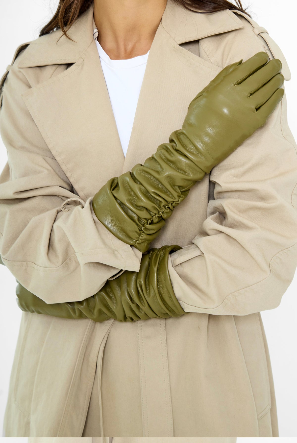Long Ruched Leather Look Gloves in Olive Green - Gloves - My Accessories London