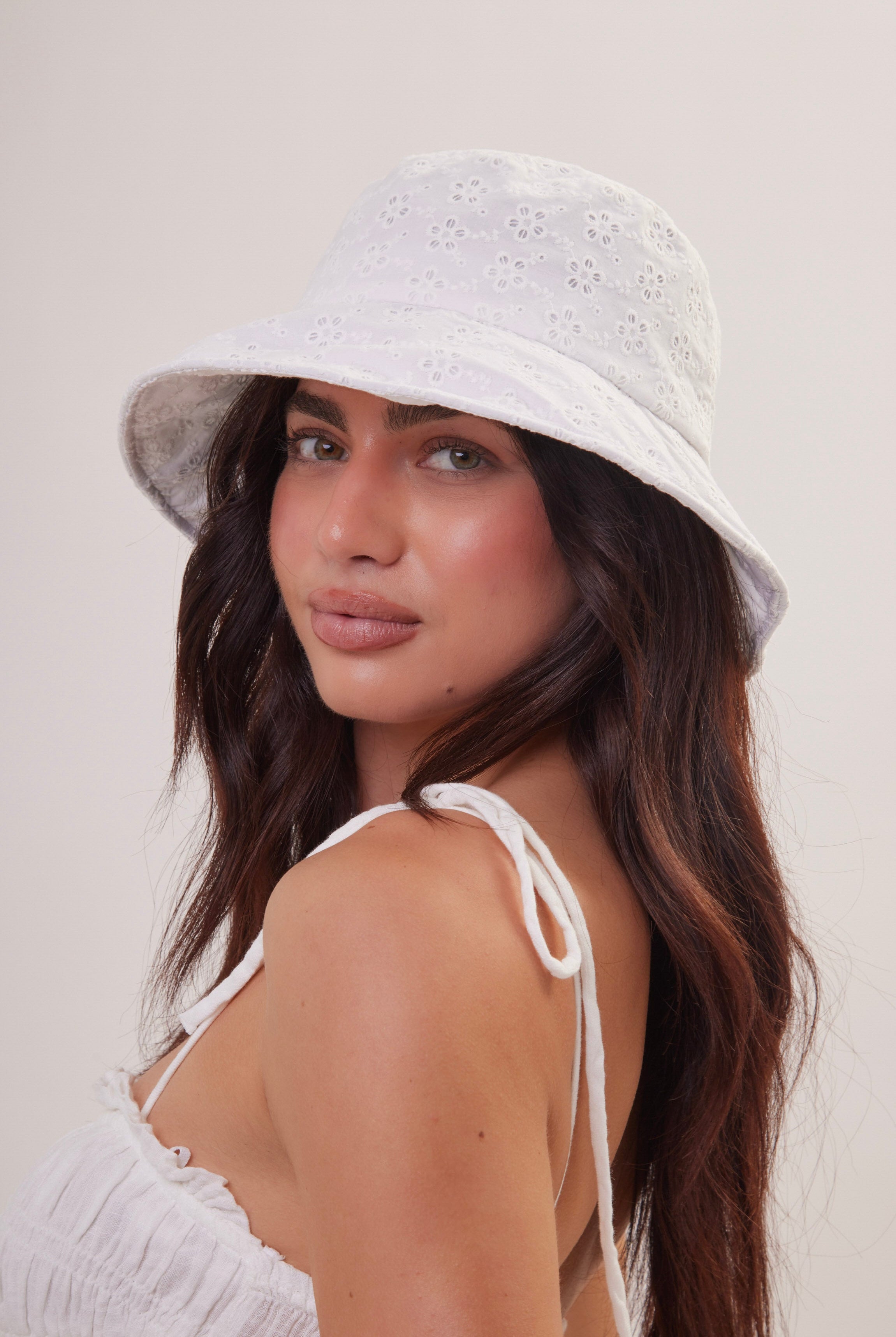 Oversized Broderie Anglaise Bucket Hat in White - Bucket Hat - My Accessories London