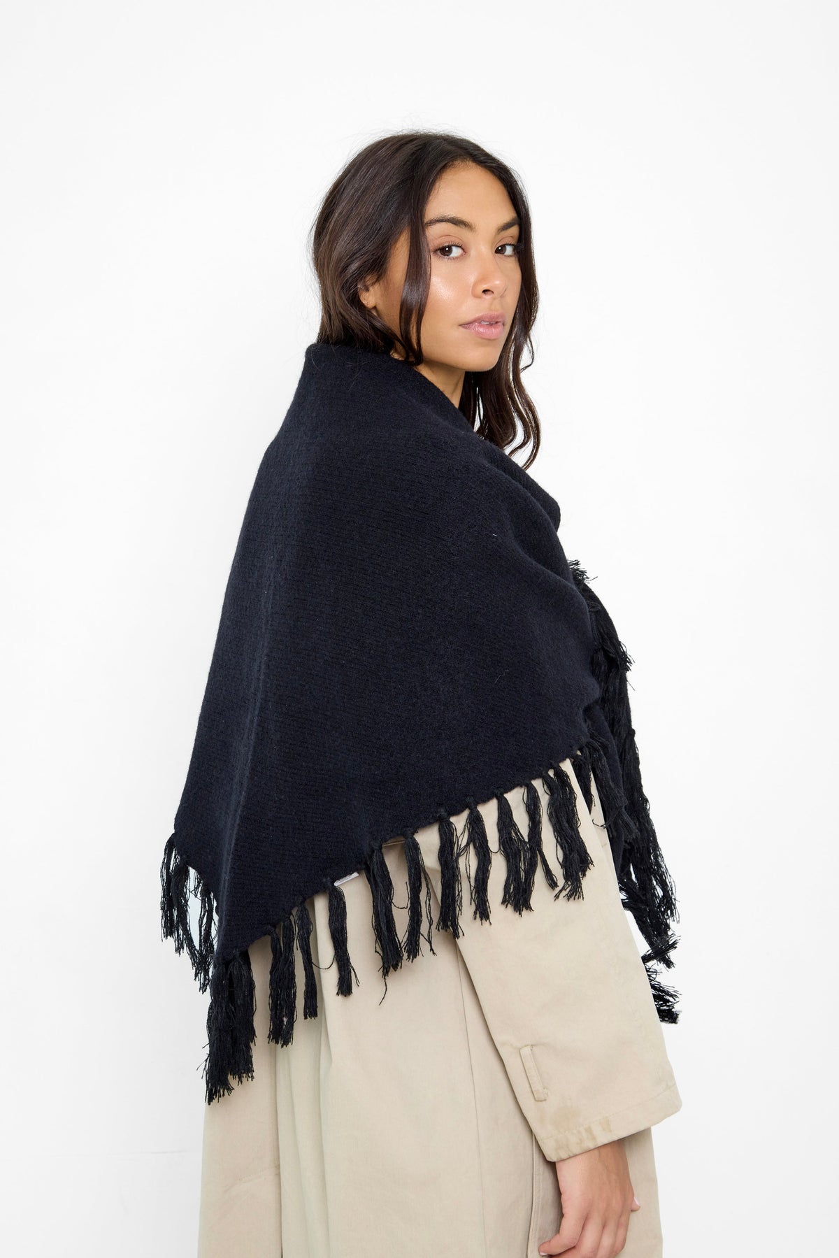 Oversized Fringed Knitted Triangle Scarf in Black - Triangle Scarf - My Accessories London