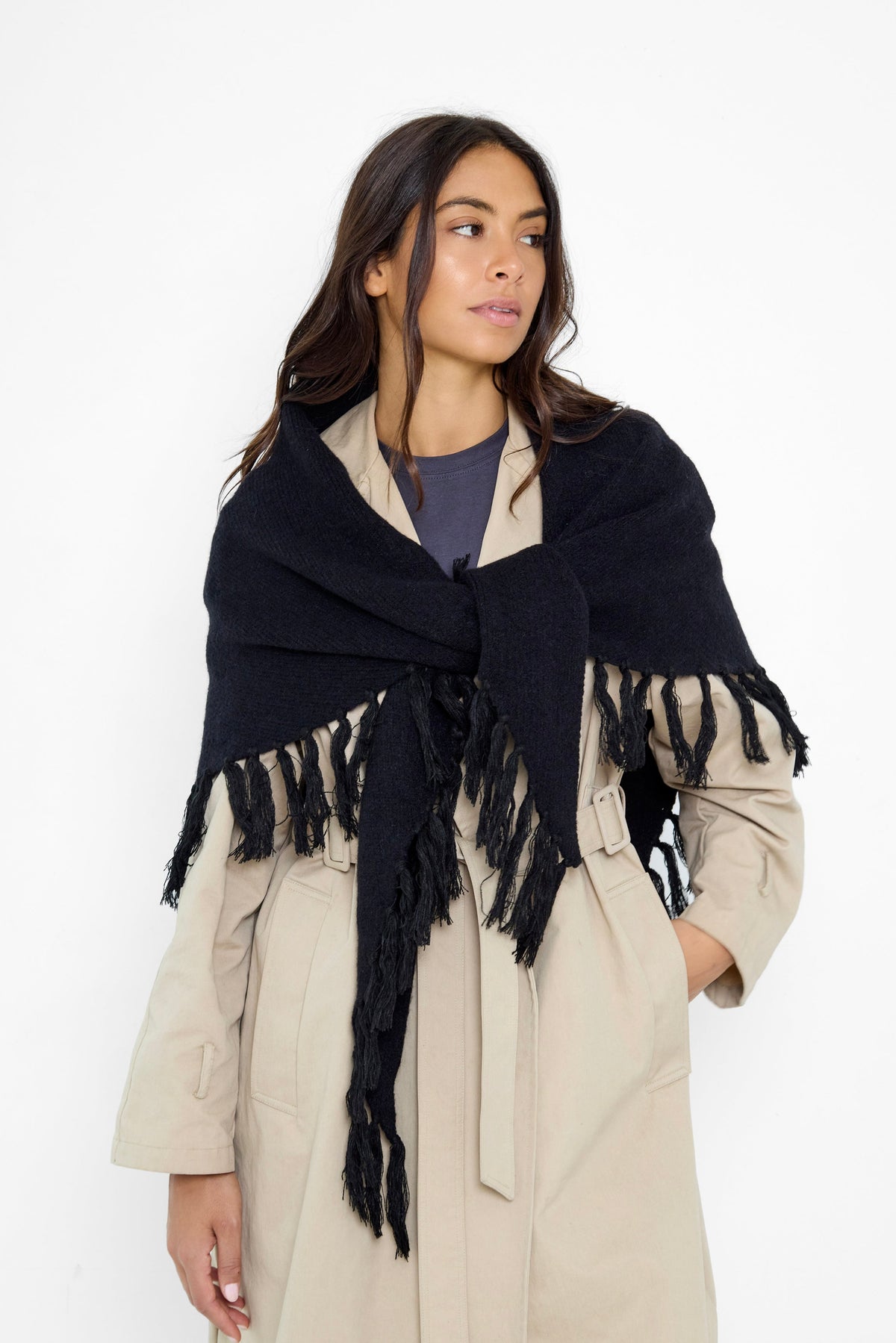 Oversized Fringed Knitted Triangle Scarf in Black - Triangle Scarf - My Accessories London