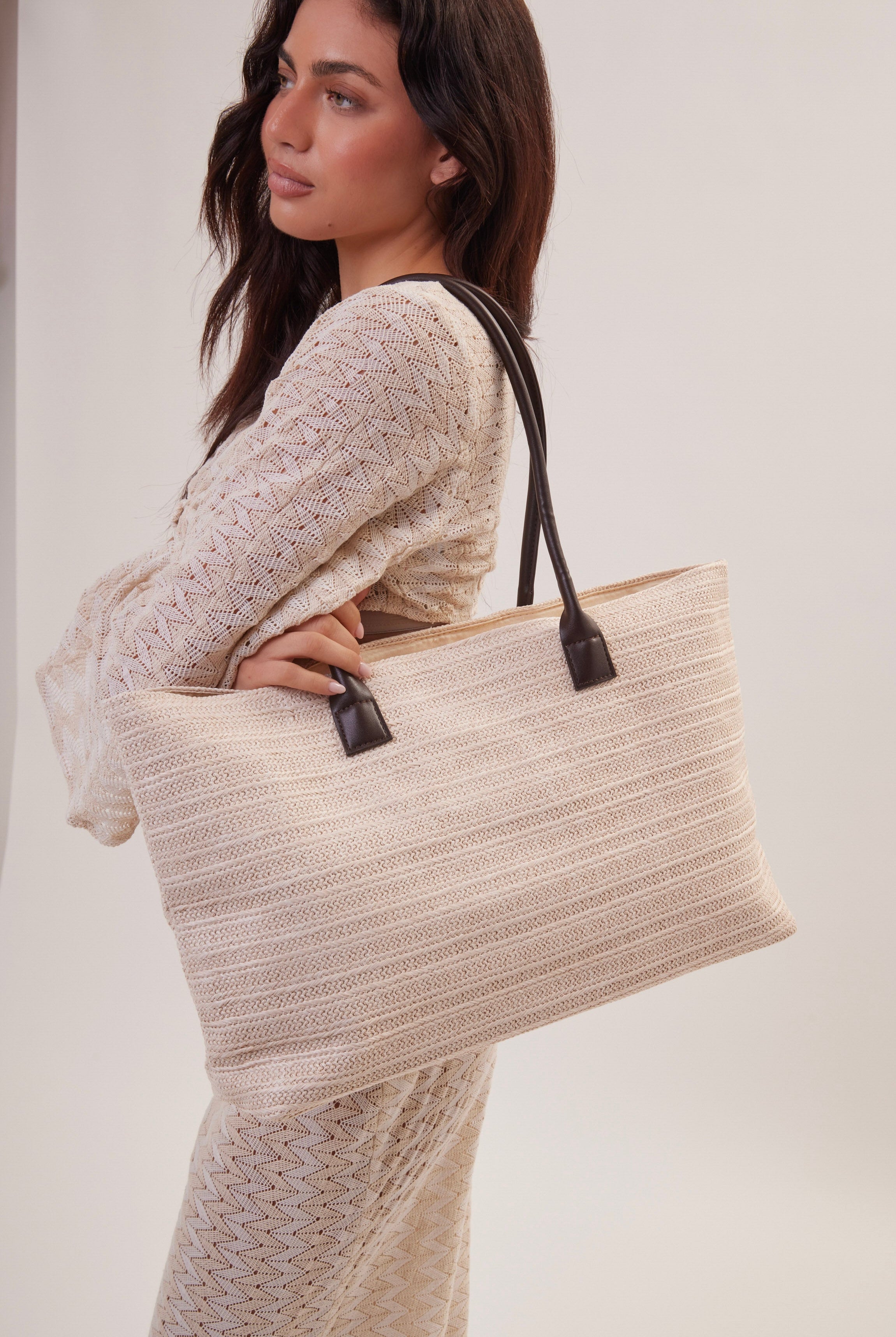 Oversized Woven Beach Tote Bag in Cream - Tote Bag - My Accessories London