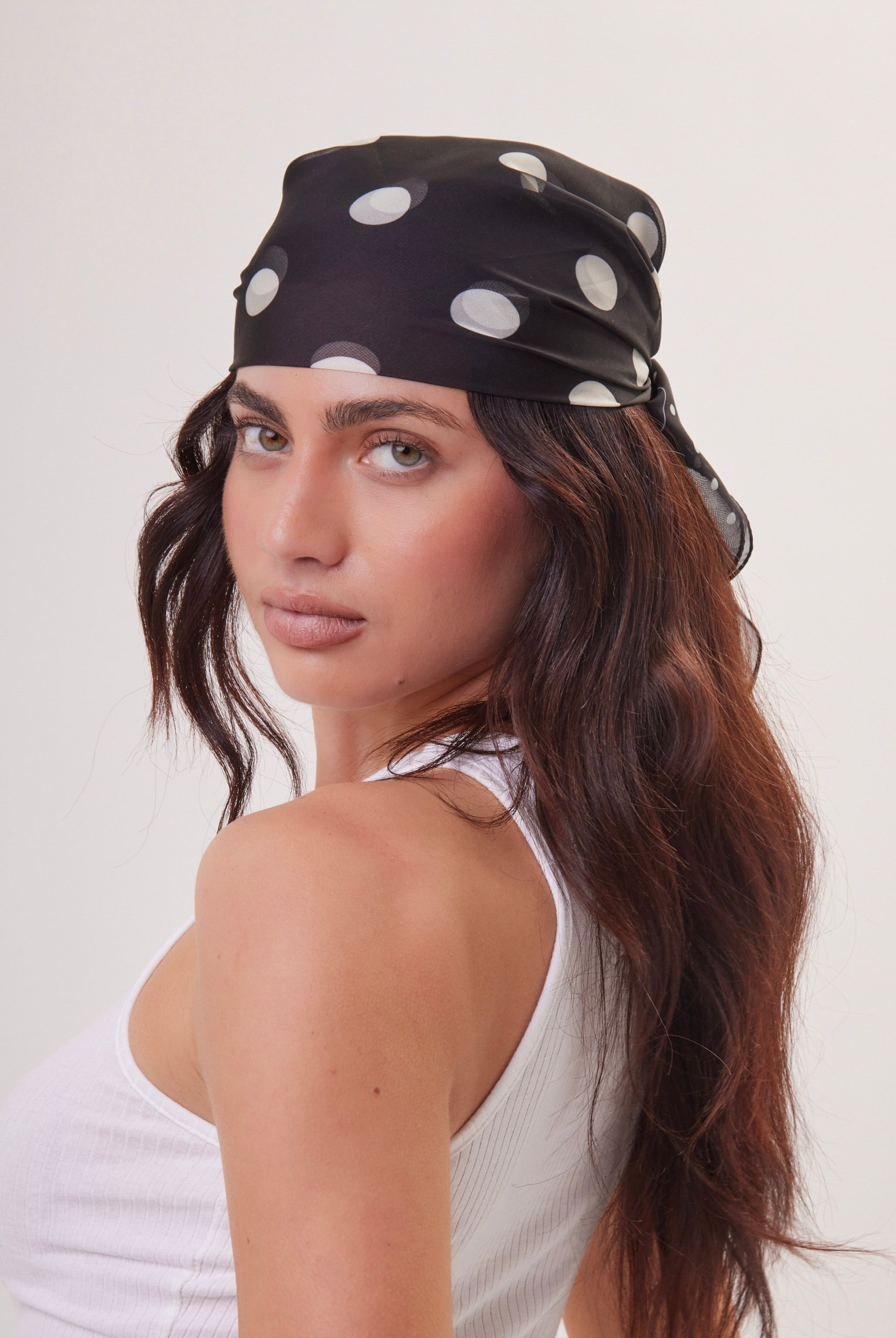 Polka Dot Chiffon Multiway Bandana Head Scarf in Black and Cream - Bandana - My Accessories London