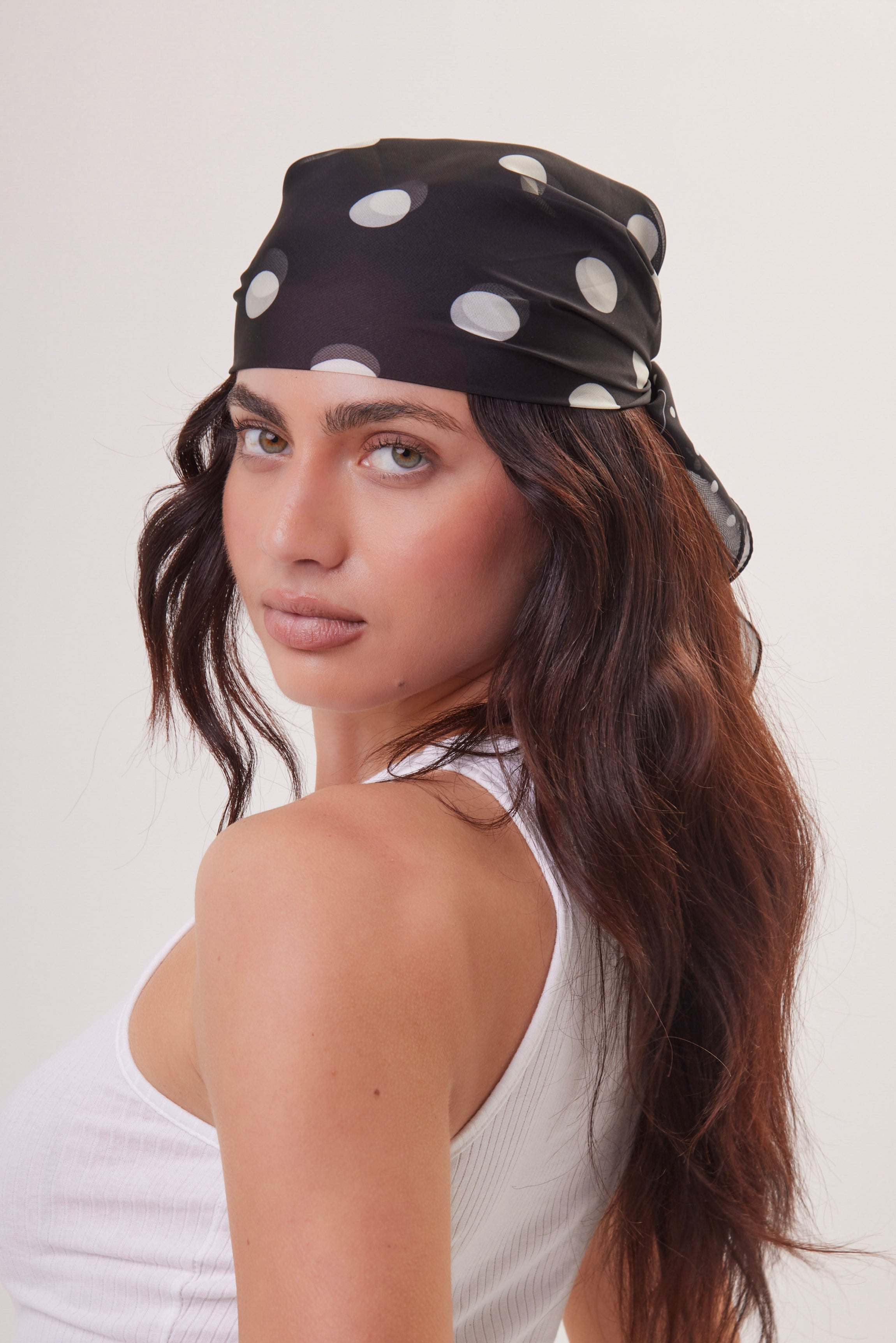 Polka Dot Chiffon Multiway Bandana Head Scarf in Black and Cream - Bandana - My Accessories London
