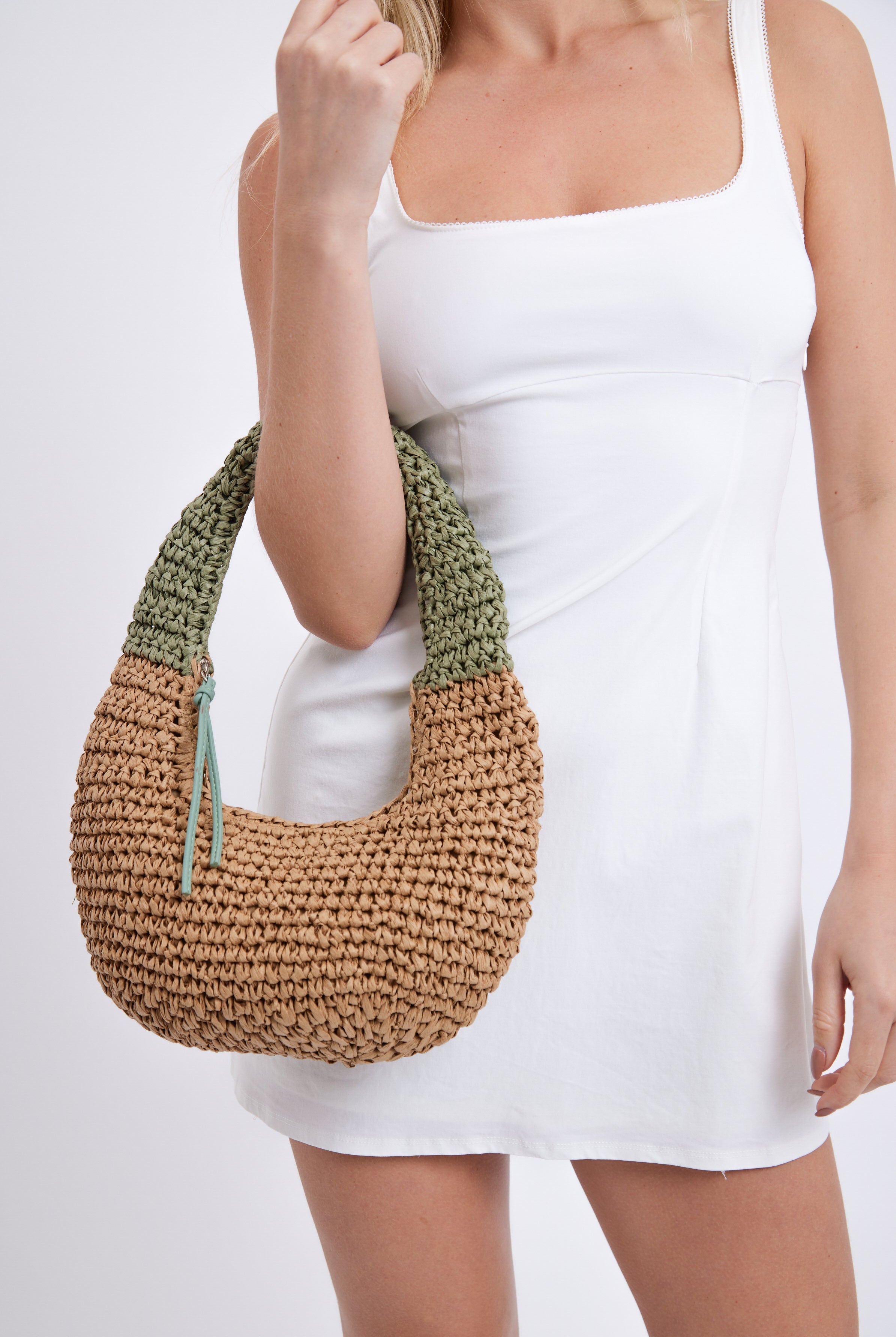Round Straw Shoulder Bag with Green Handle - Shoulder Bag - My Accessories London