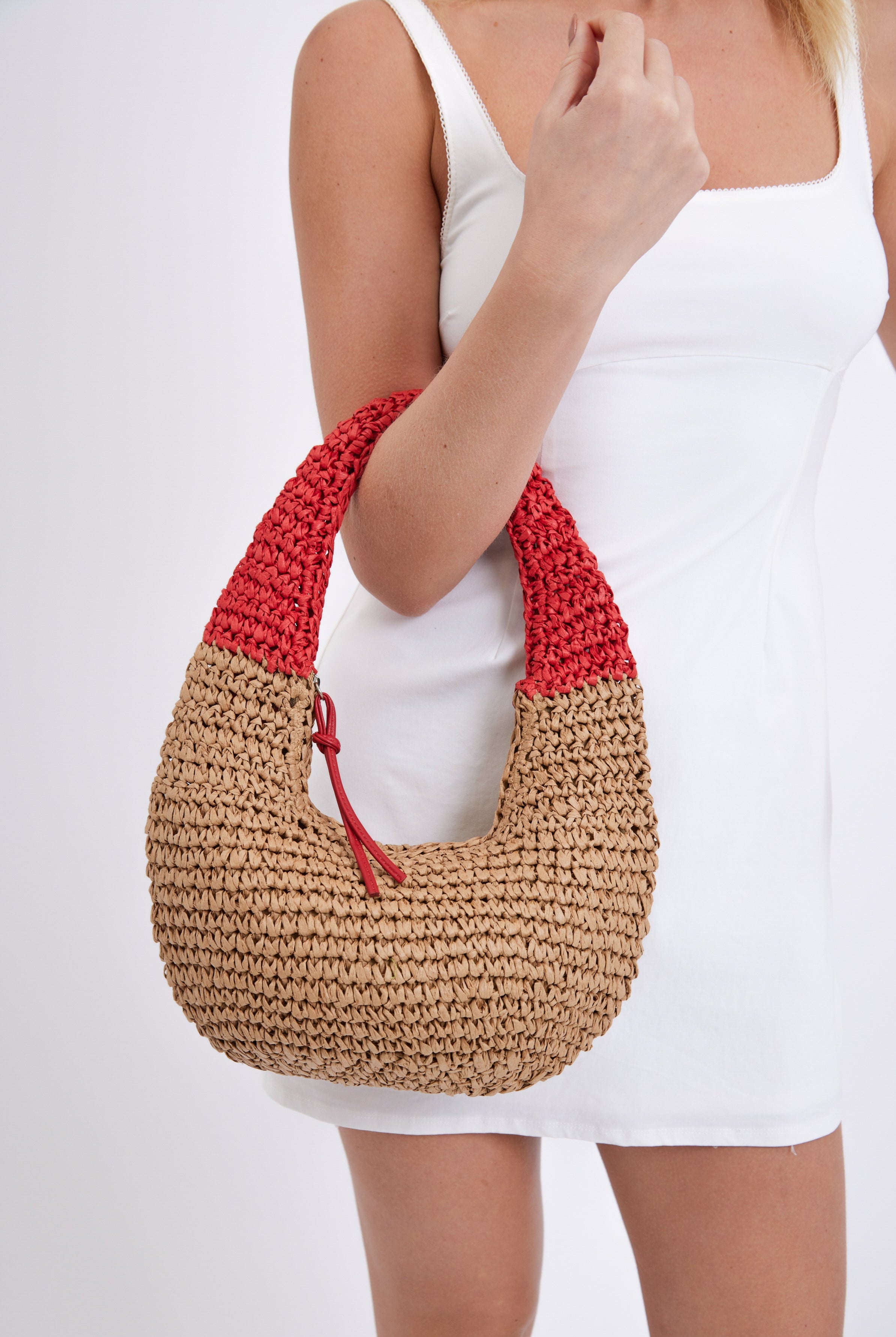 Round Straw Shoulder Bag with Red Handle - Shoulder Bag - My Accessories London