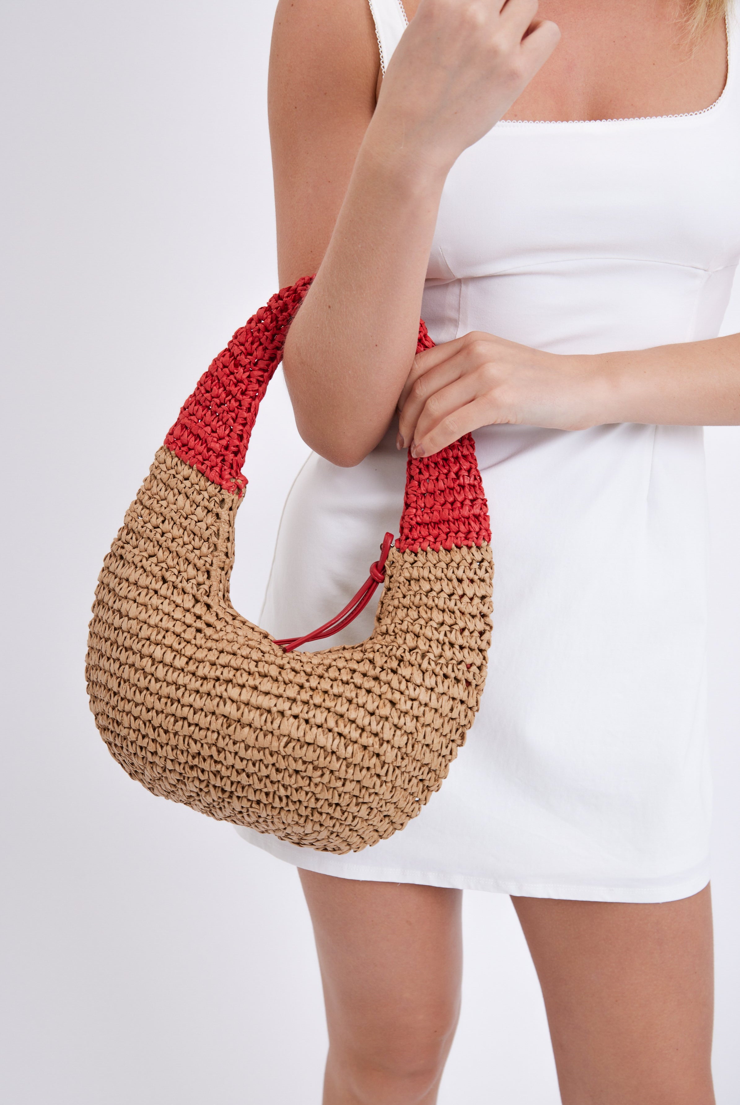 Round Straw Shoulder Bag with Red Handle - Shoulder Bag - My Accessories London