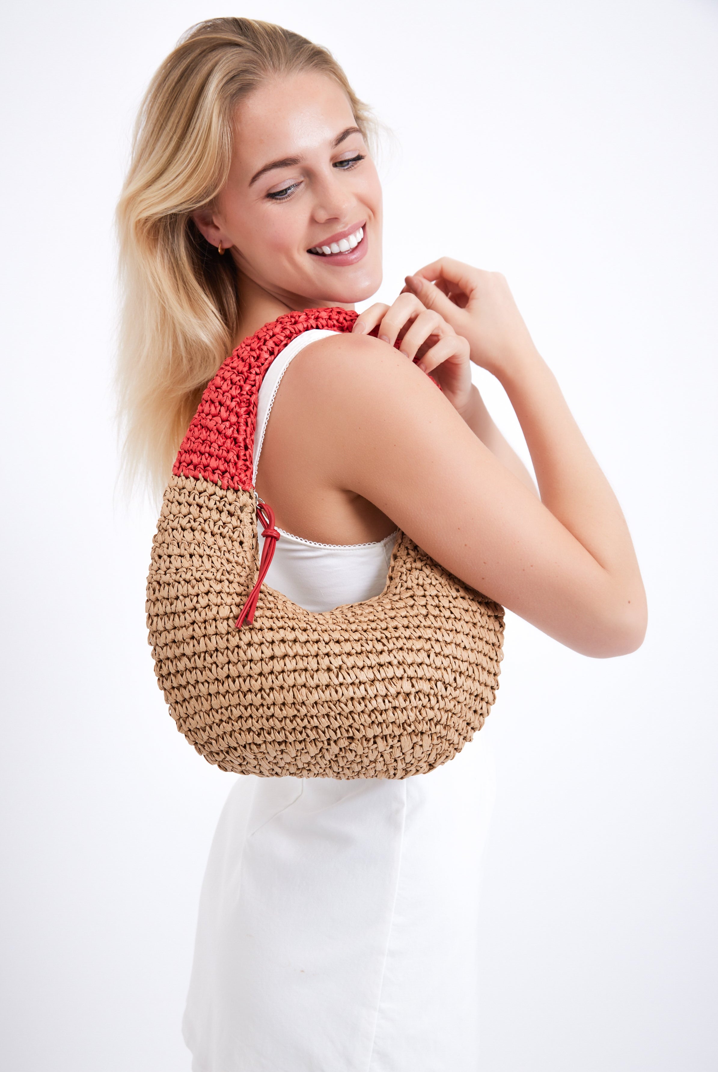 Round Straw Shoulder Bag with Red Handle - Shoulder Bag - My Accessories London