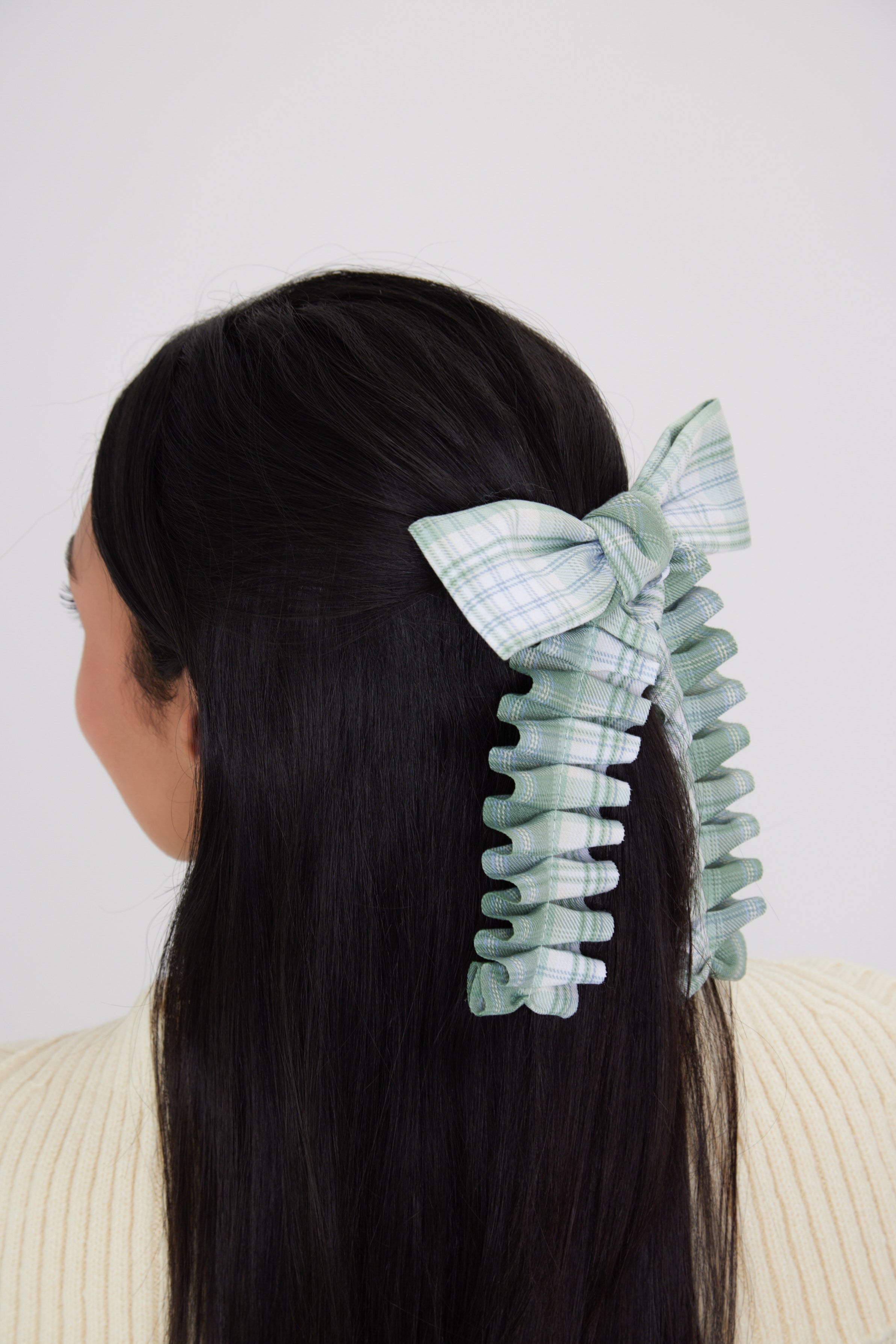 Ruched Check Bow Clip in Green - Hair Clip - My Accessories London