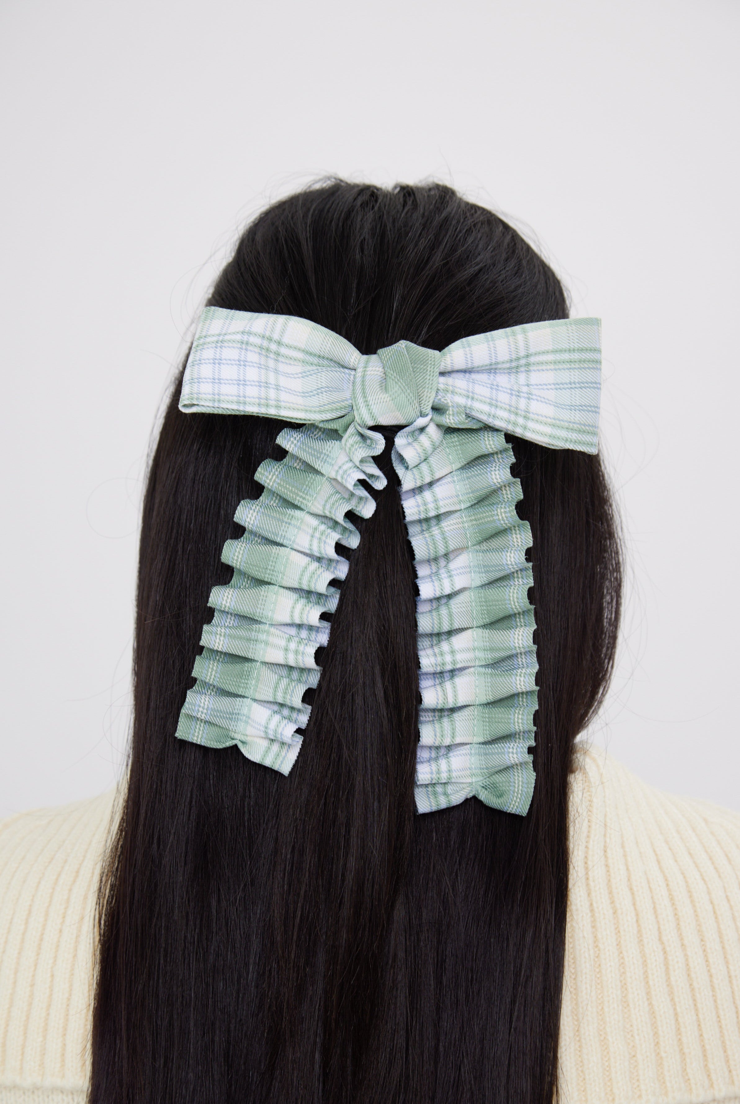 Ruched Check Bow Clip in Green - Hair Clip - My Accessories London