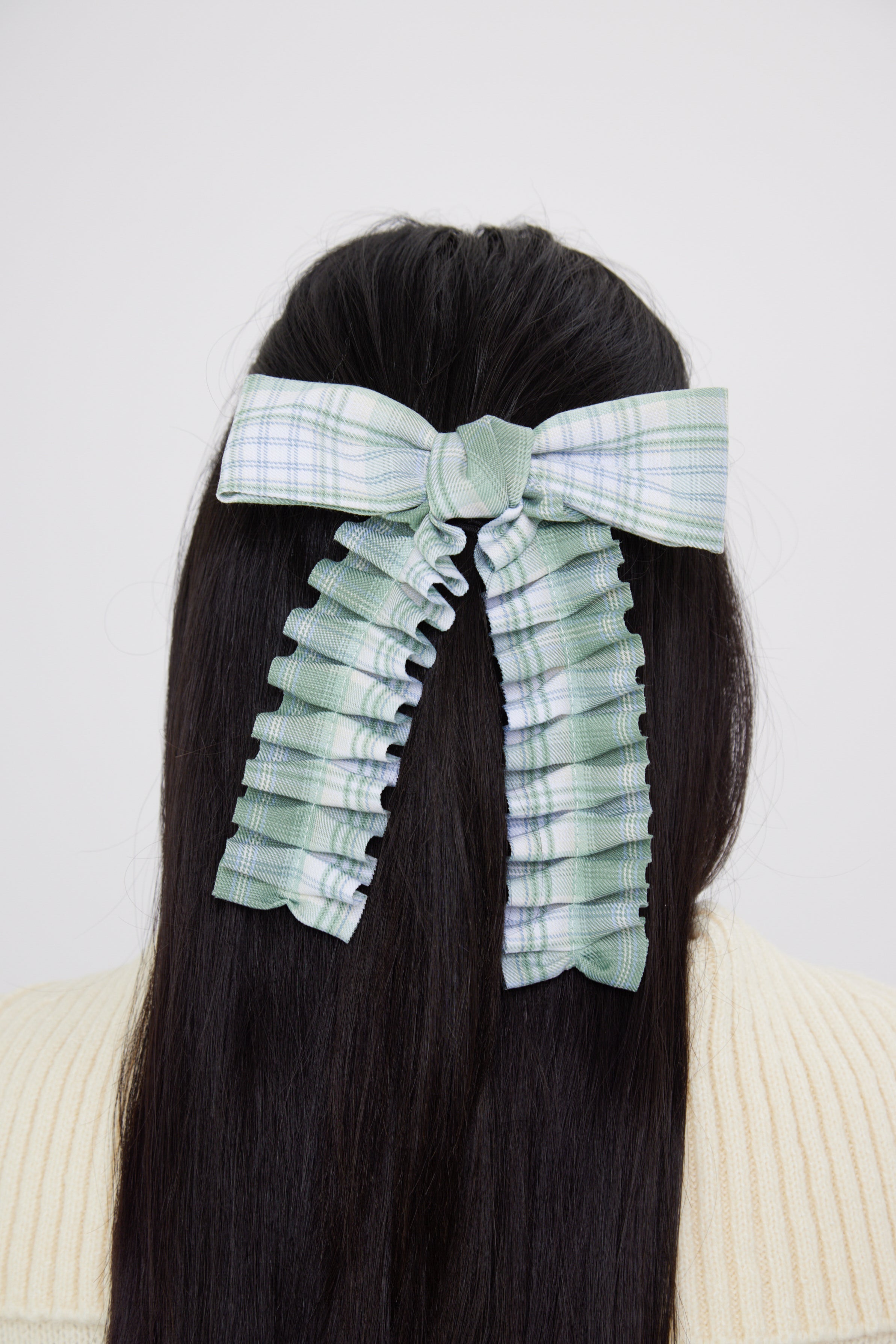 Ruched Check Bow Clip in Green - Hair Clip - My Accessories London
