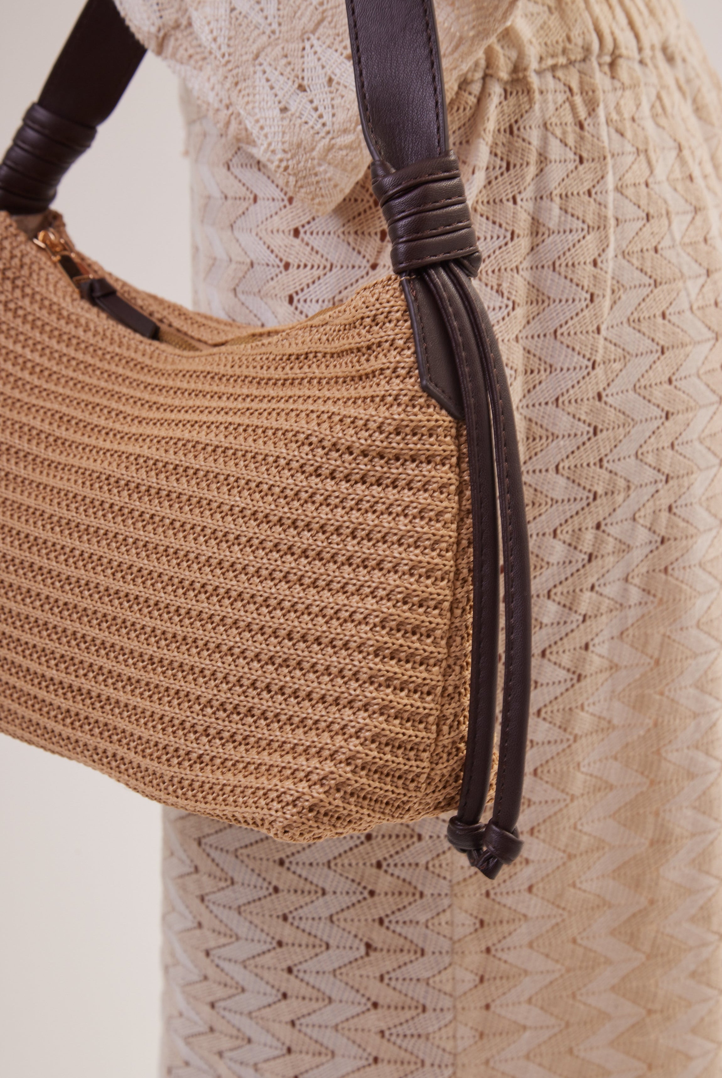 Slouchy Crochet Shoulder Bag in Natural Brown - Shoulder Bag - My Accessories London