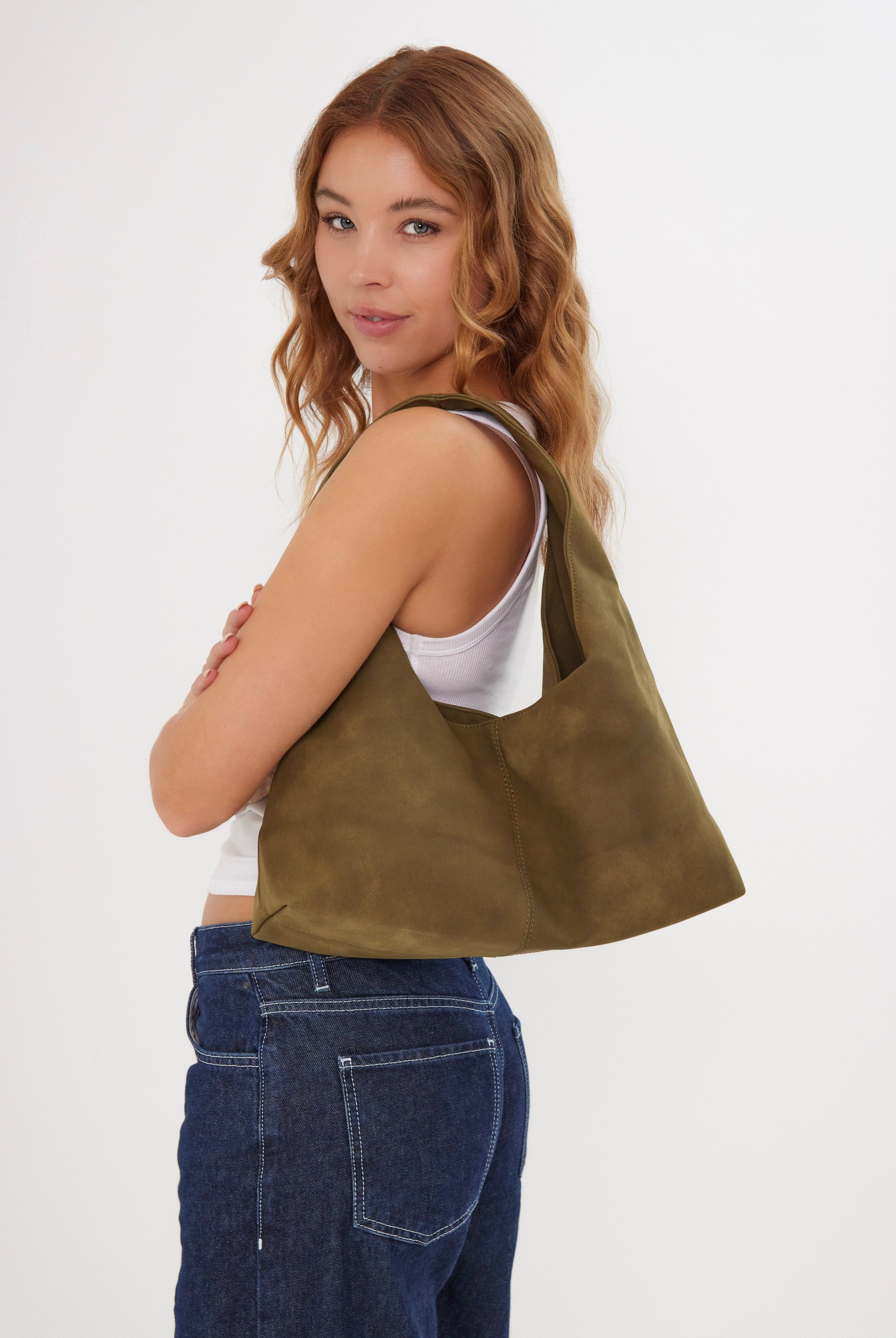 Slouchy Square Faux - Suede Shoulder Bag in Olive Green - Shoulder Bag - My Accessories London