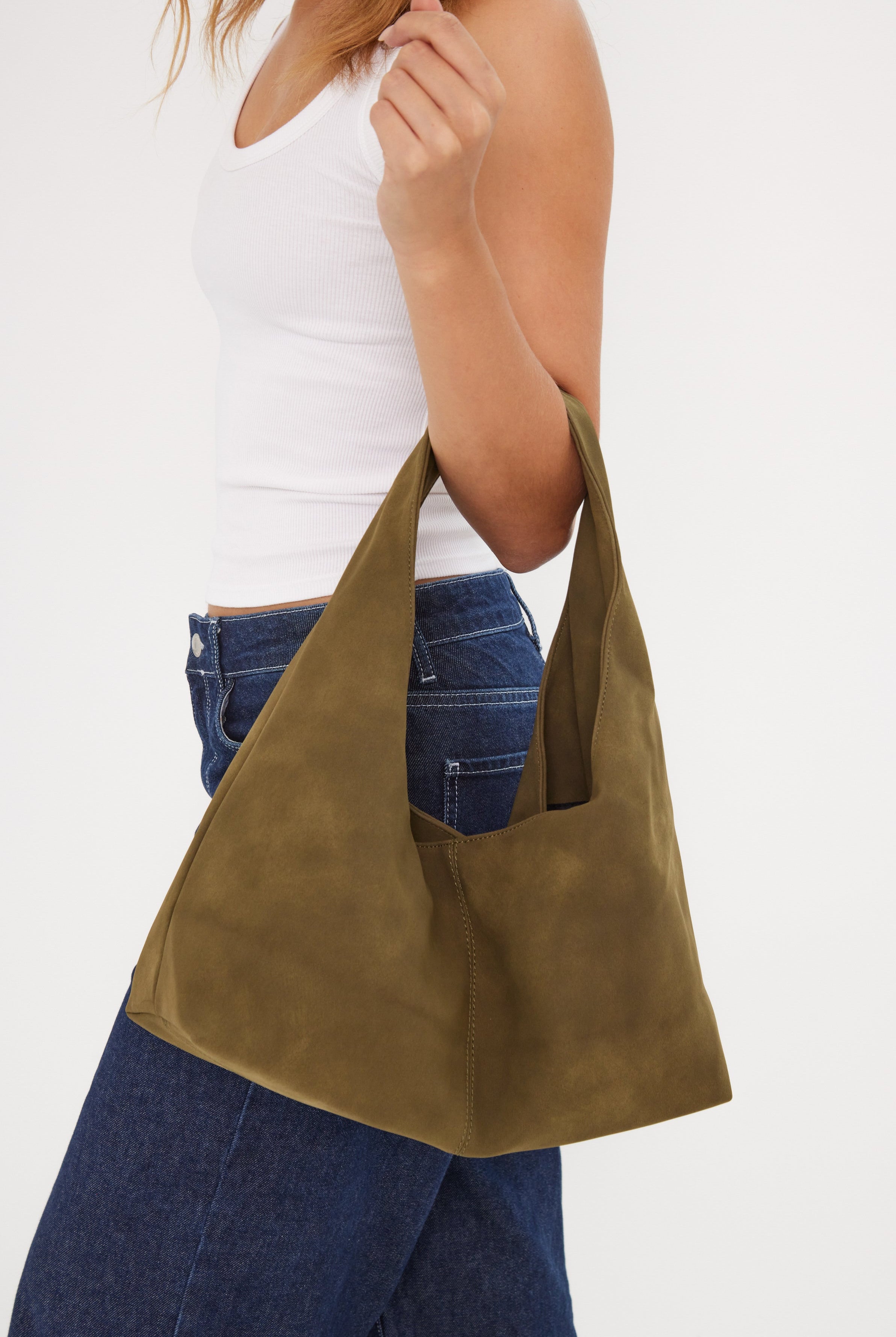 Slouchy Square Faux - Suede Shoulder Bag in Olive Green - Shoulder Bag - My Accessories London