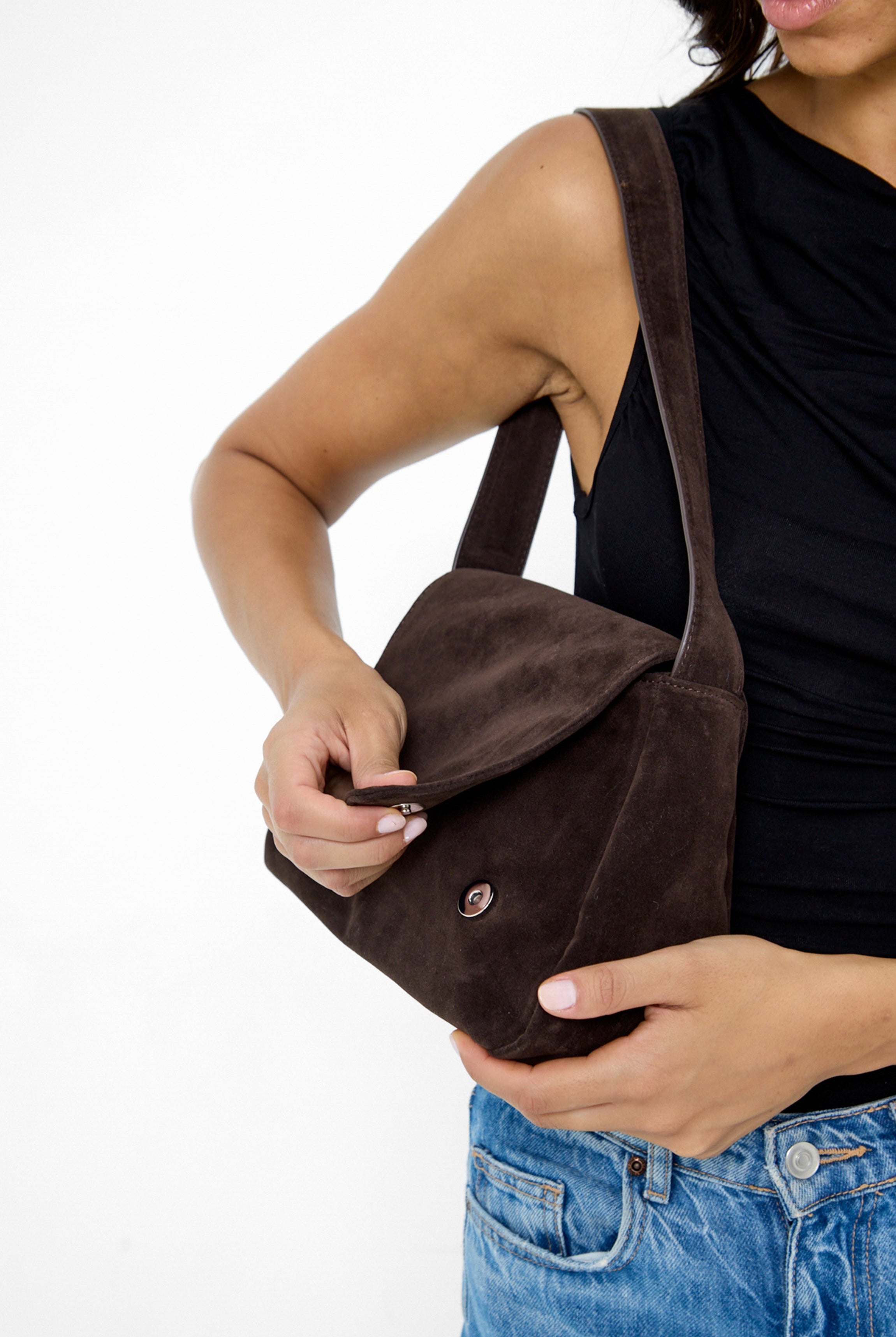 Soft Slouchy Shoulder Bag with Flap Dark Brown Suede - Shoulder Bag - My Accessories London