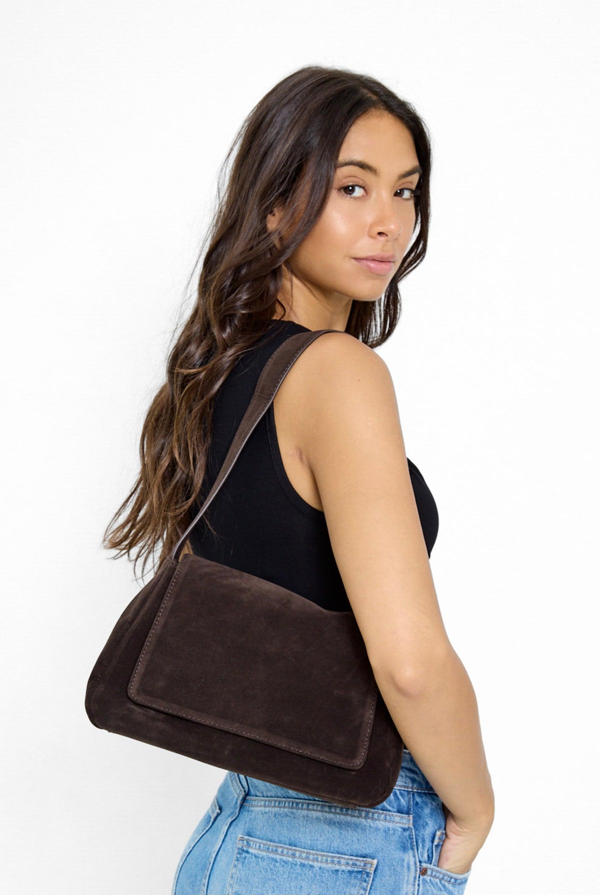 Soft Slouchy Shoulder Bag with Flap Dark Brown Suede - Shoulder Bag - My Accessories London