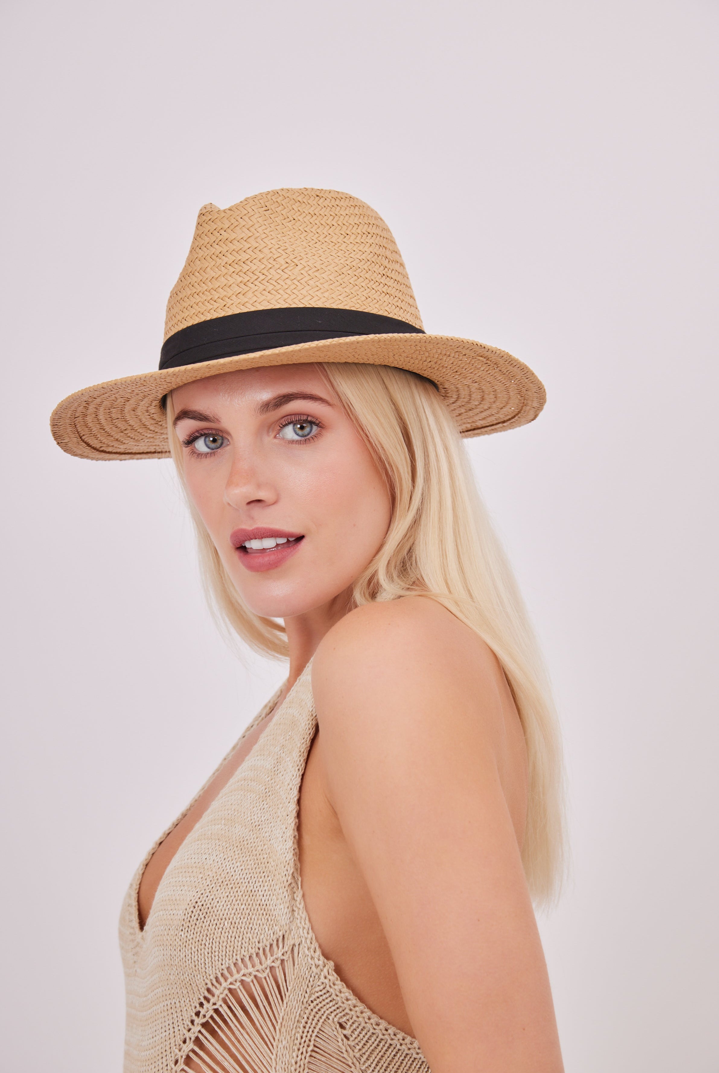 Straw Fedora Panama Hat Natural and Black Trim - Fedora - My Accessories London