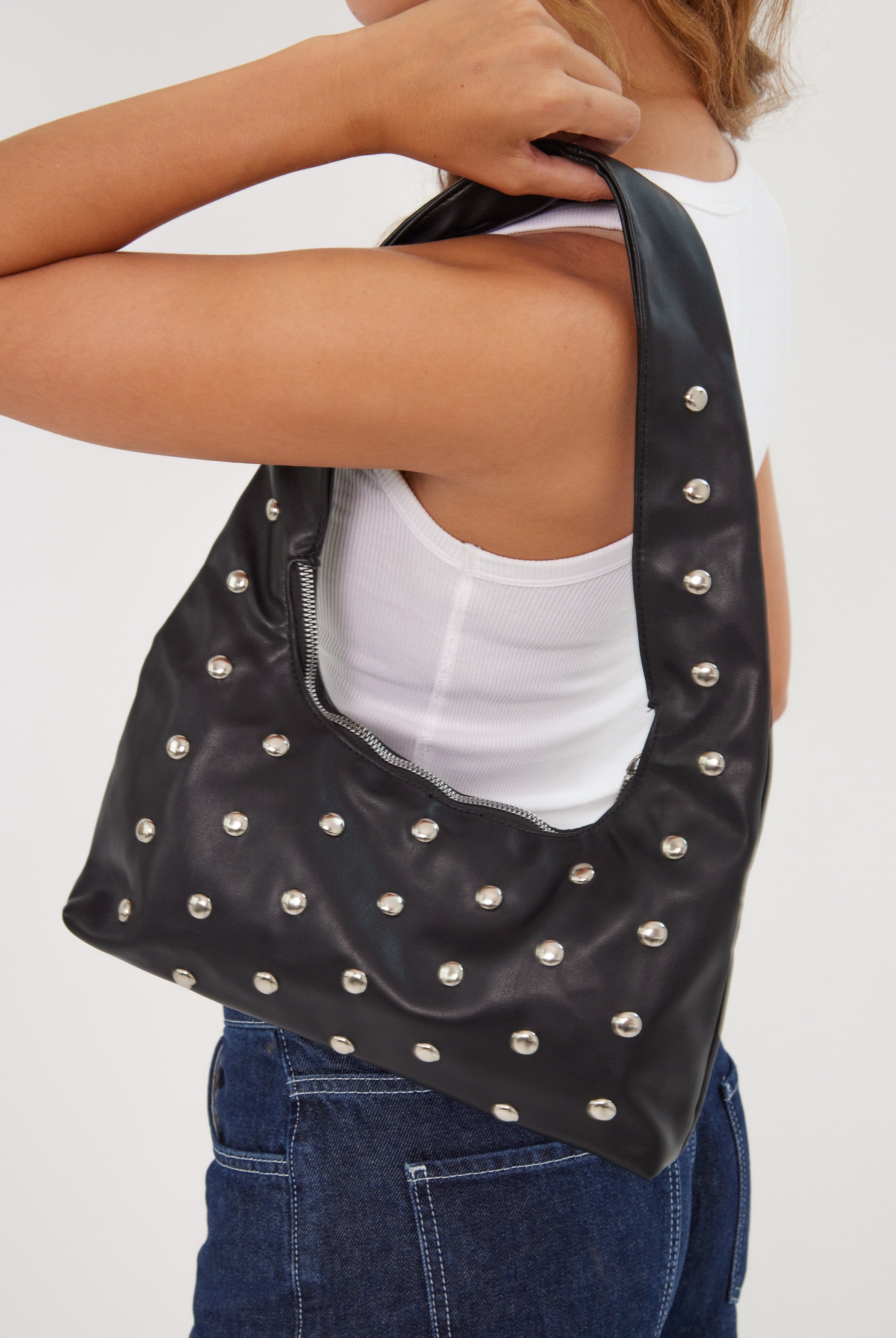 Studded Leather Look Shoulder Bag in Black - Shoulder Bag - My Accessories London