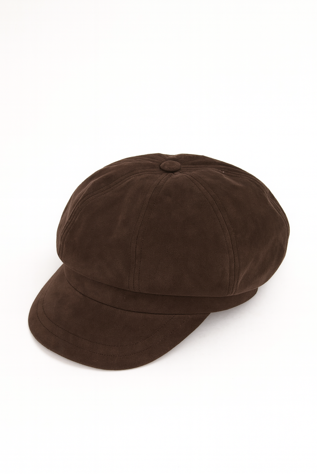 Studio image of a brown faux-suede baker boy hat