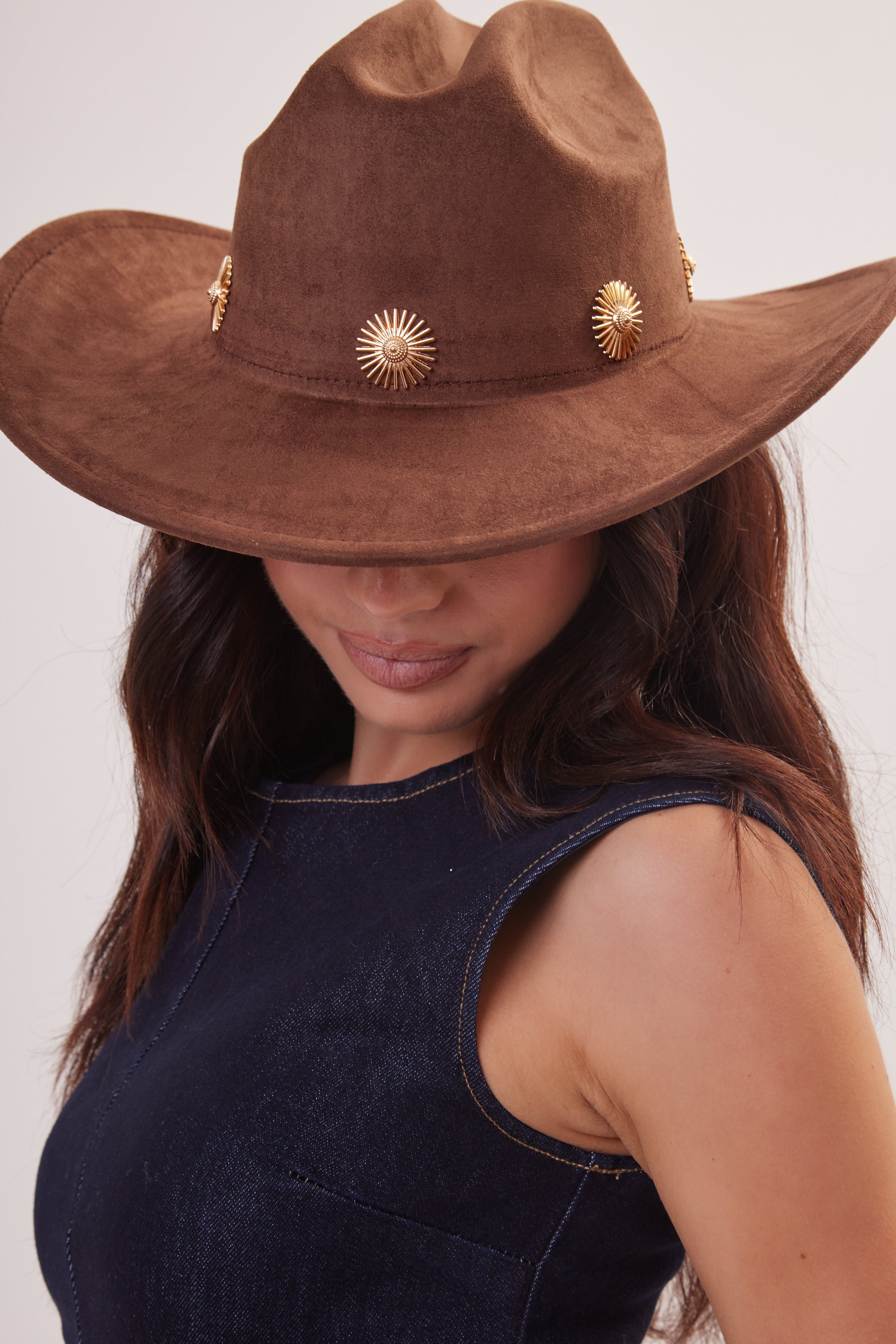 Western Cowboy Hat in Brown with Daisy Gold Studs - Cowboy Hat - My Accessories London