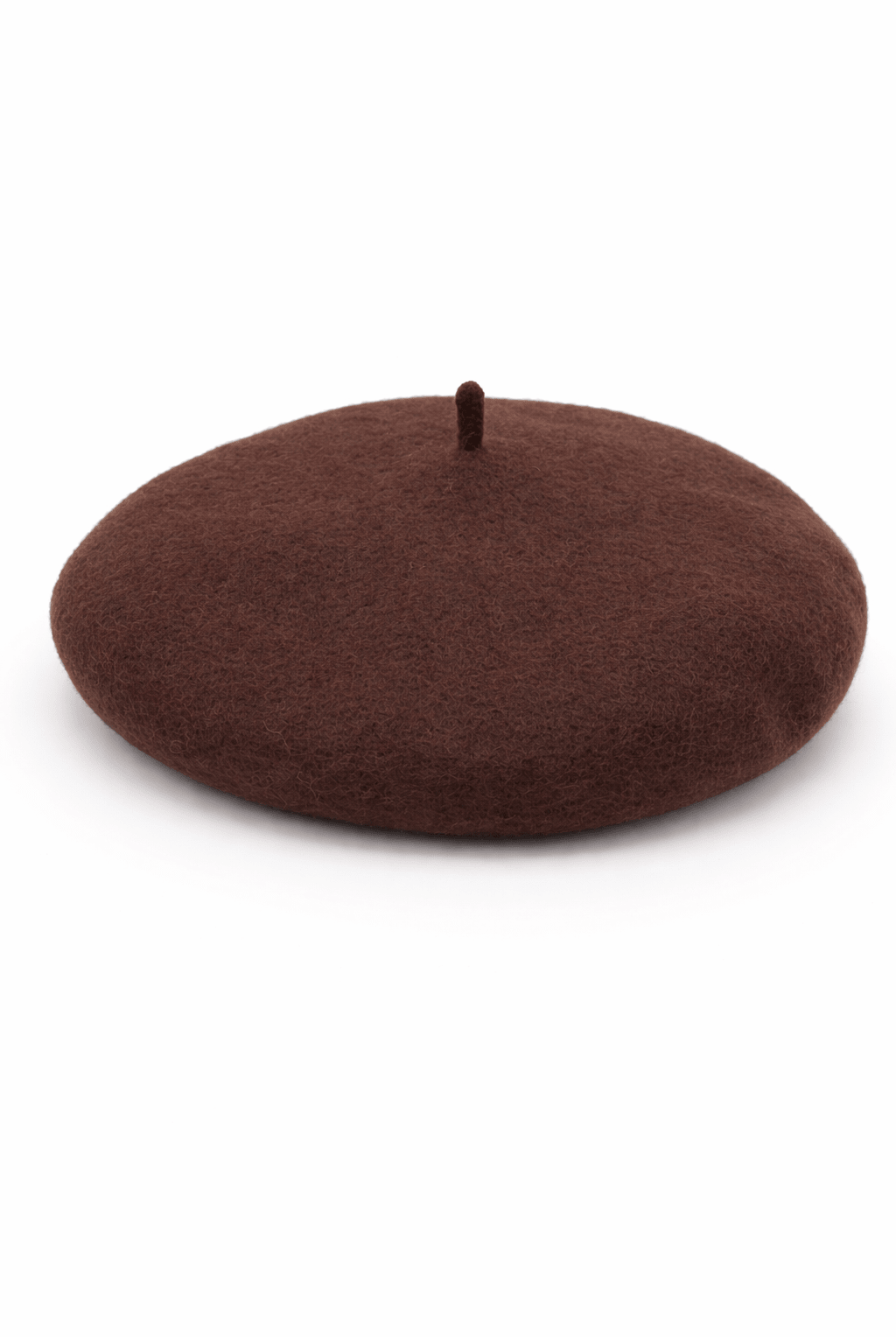 Pack shot image of a wool blend beret in brown in a bright studio.