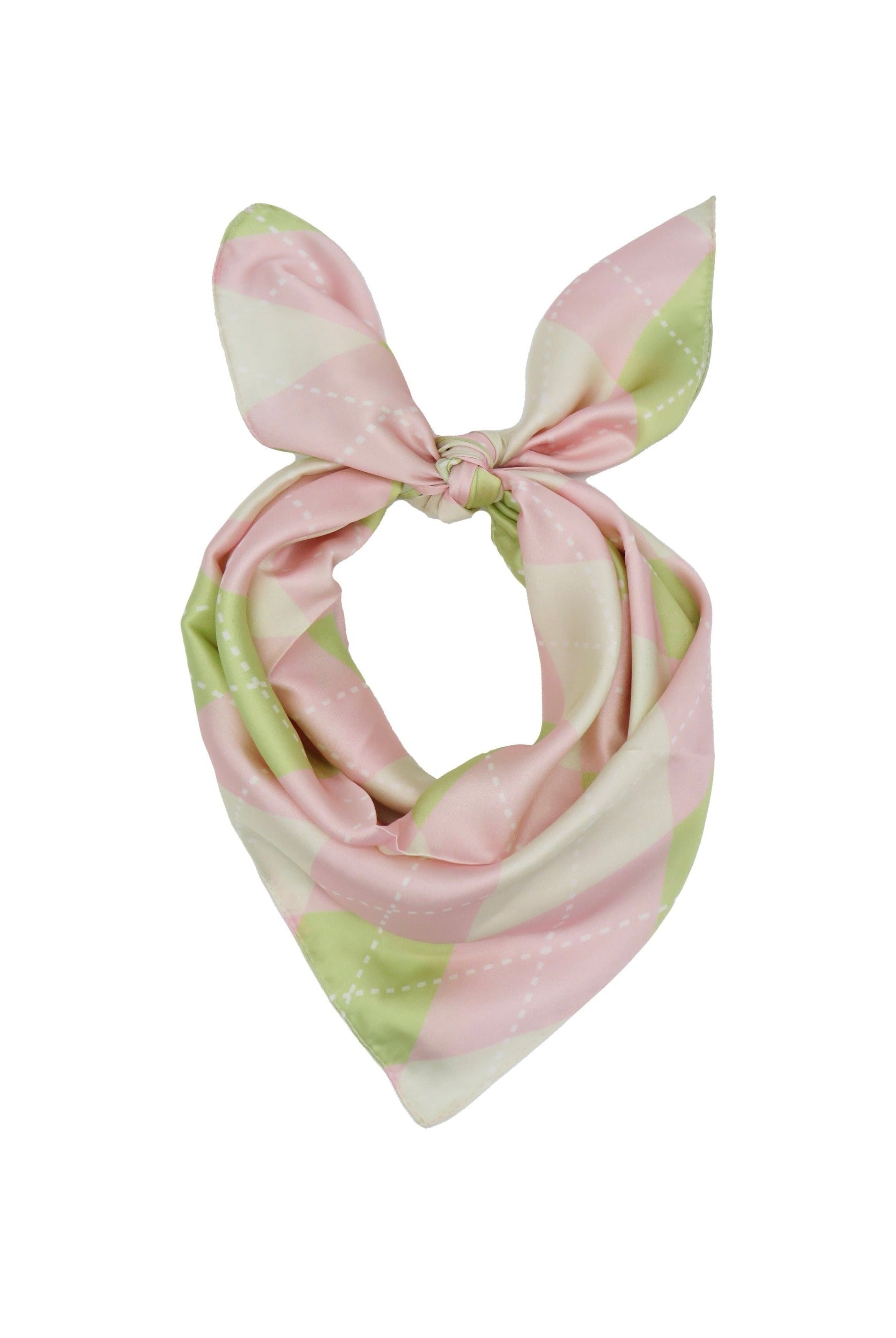 Multiway Headscarf in Pink and Green Argyle Print | Bandana | Satin | Top | Neck Tie | Festival | Summer | Beach | Holiday | Glam | Party | Brunch | Women's Accessories | Accessory