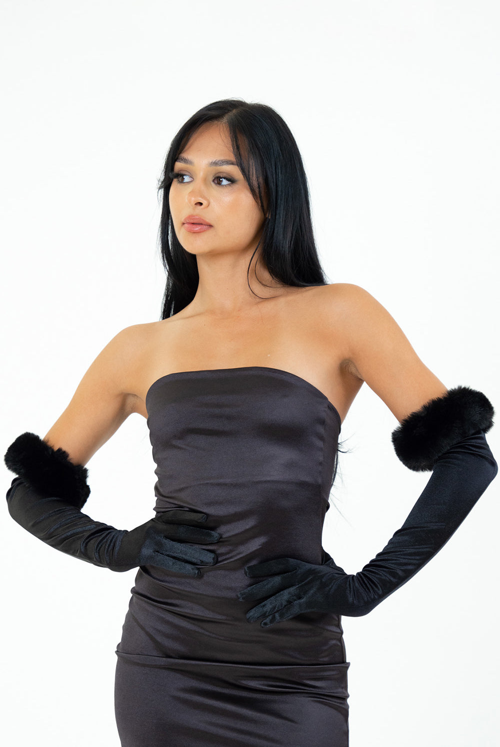 Long satin gloves | long gloves with fur | party gloves | over the elbow gloves | black gloves | dress up gloves | satin gloves | women\s gloves | ladies gloves | my accessories london gloves
