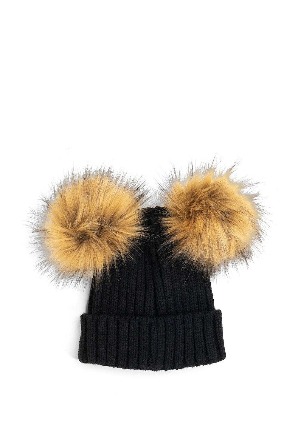 Woman's Knitted Double Fur Pom Beanie in Black