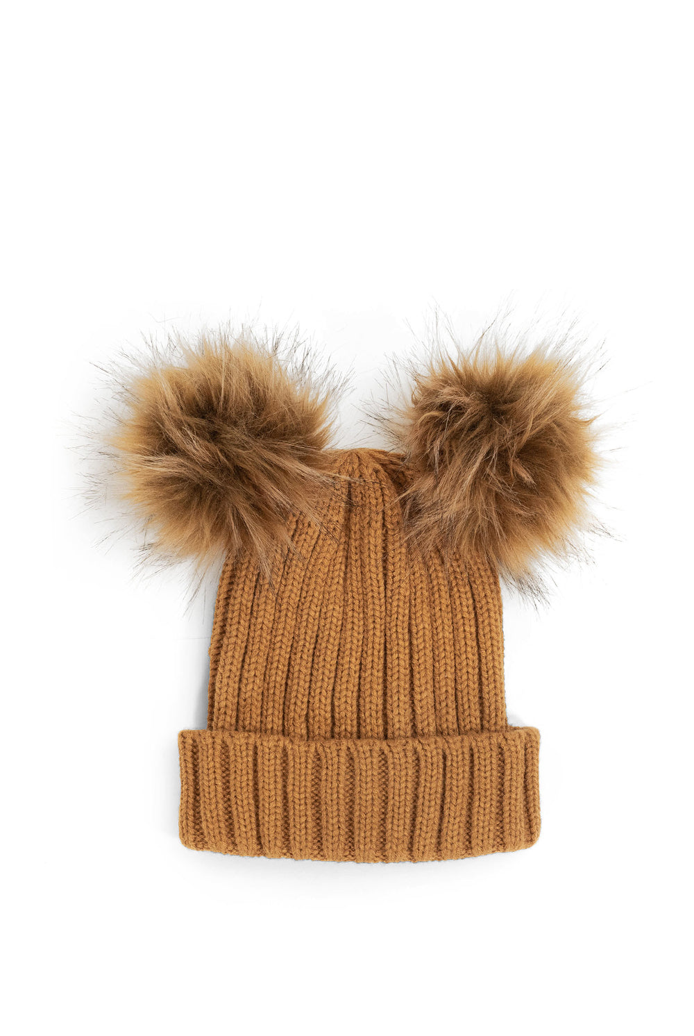 Woman's Knitted Double Fur Pom Beanie in Toffee Brown
